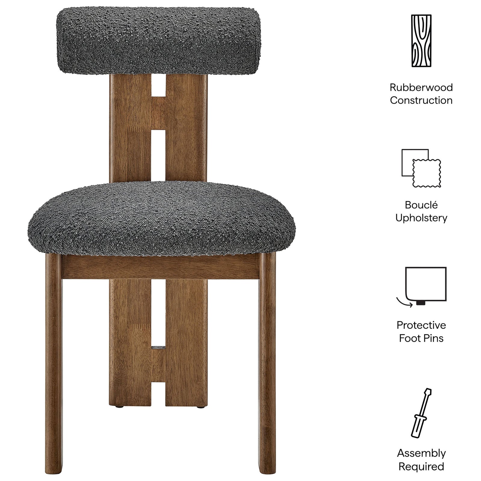 Feature graphic for Torian boucle dining chair highlighting rubberwood construction and easy assembly || EEI-6960-WAL-CHA || callout_studio