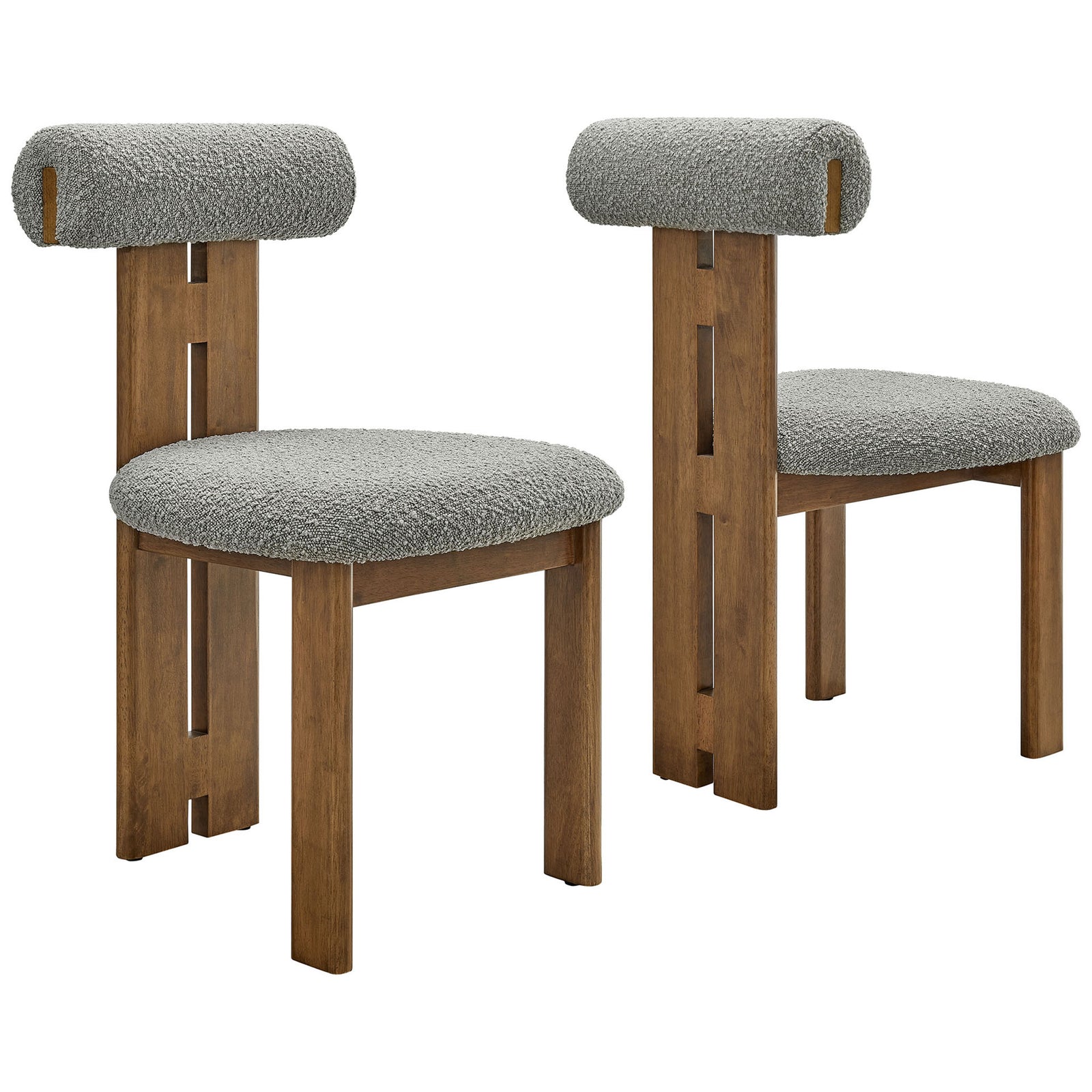 Pair of walnut dining chairs with light gray boucle seats and sculpted backrests || EEI-6960-WAL-LGR || front_angle_multi_studio