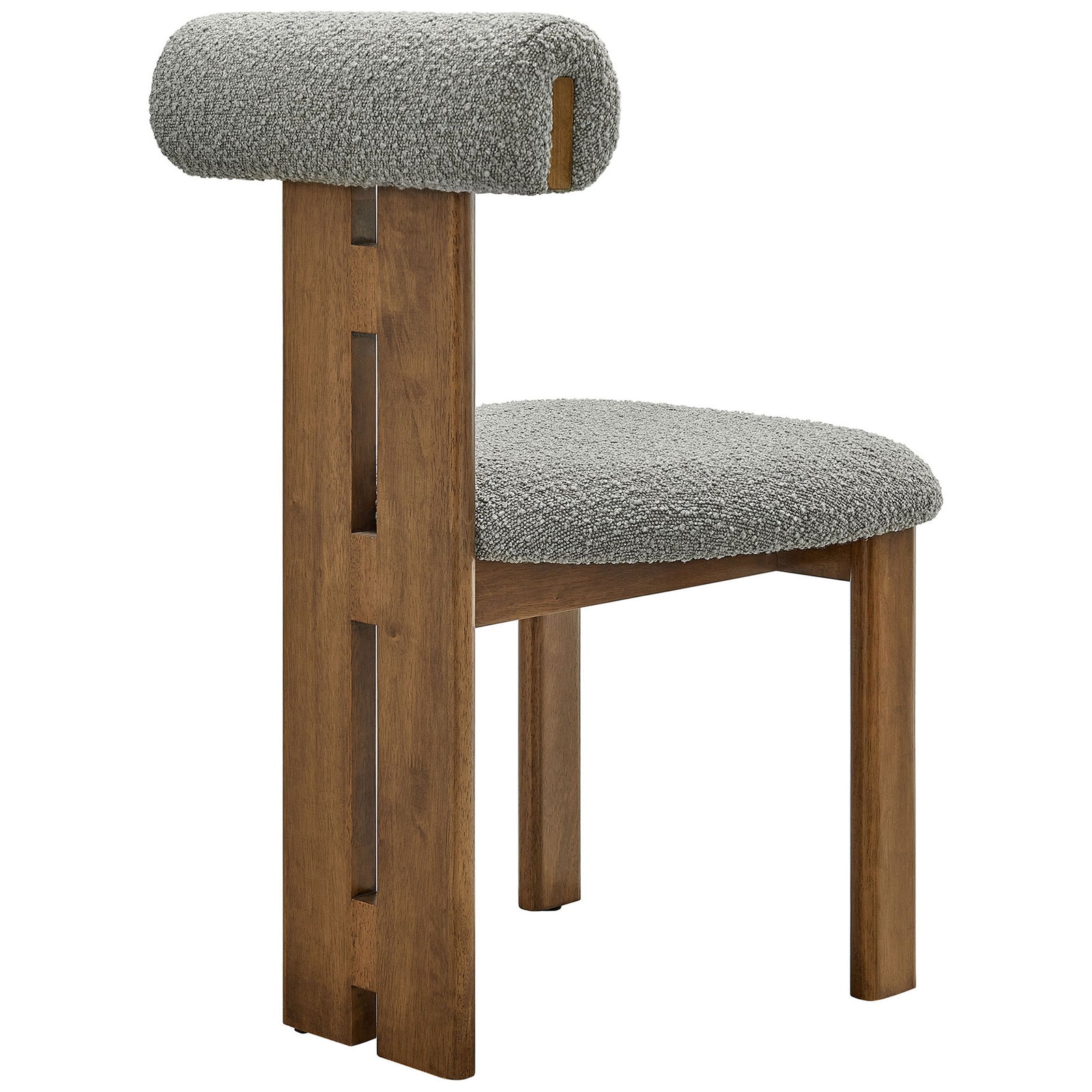 Artfully layered walnut backrest with cutout detail and plush gray boucle seat cushion || EEI-6960-WAL-LGR || back_angle_studio