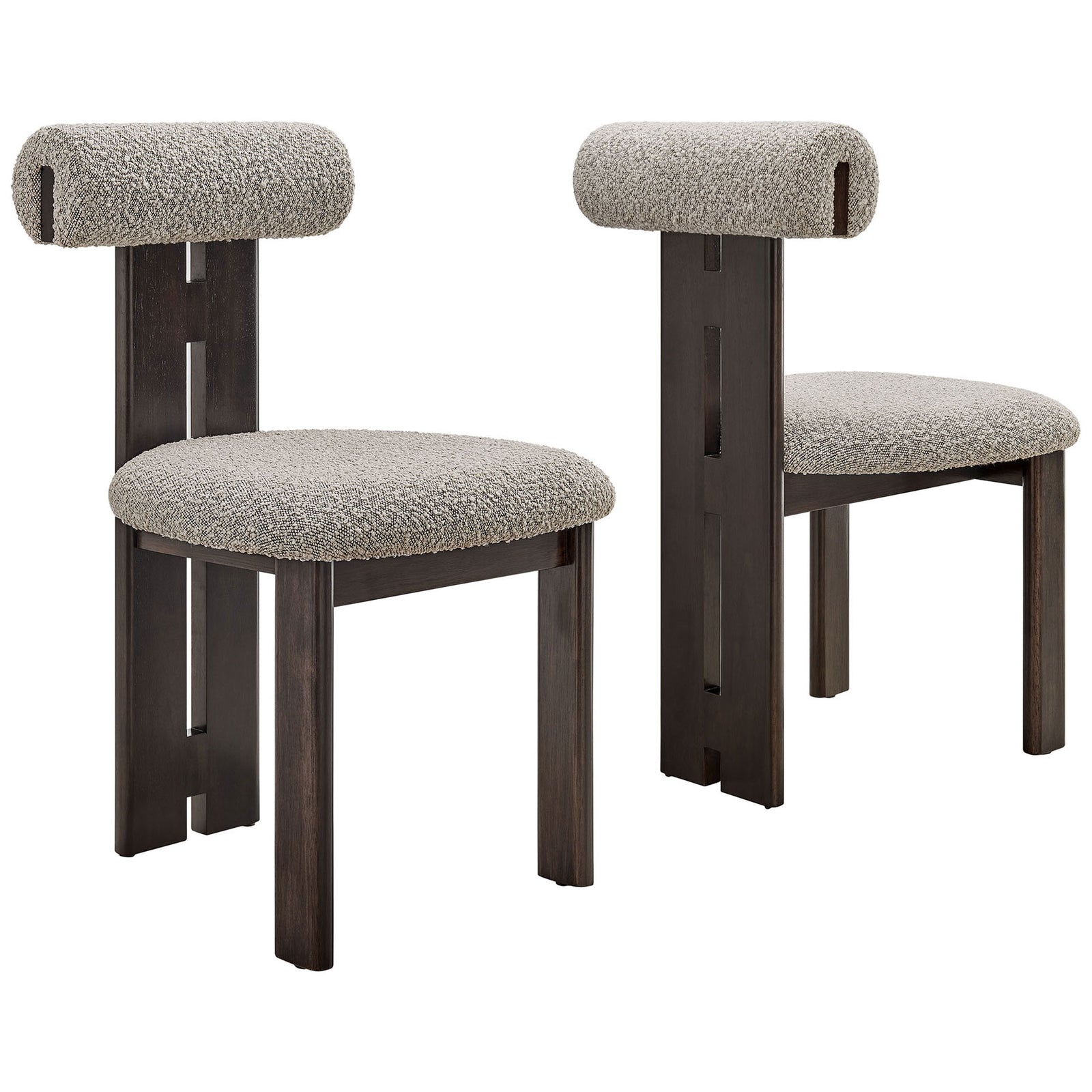 Set of two taupe boucle dining chairs with sculptural wenge frames and bold three-leg design. || EEI-6960-WEN-TAU || front_angle_multi_studio