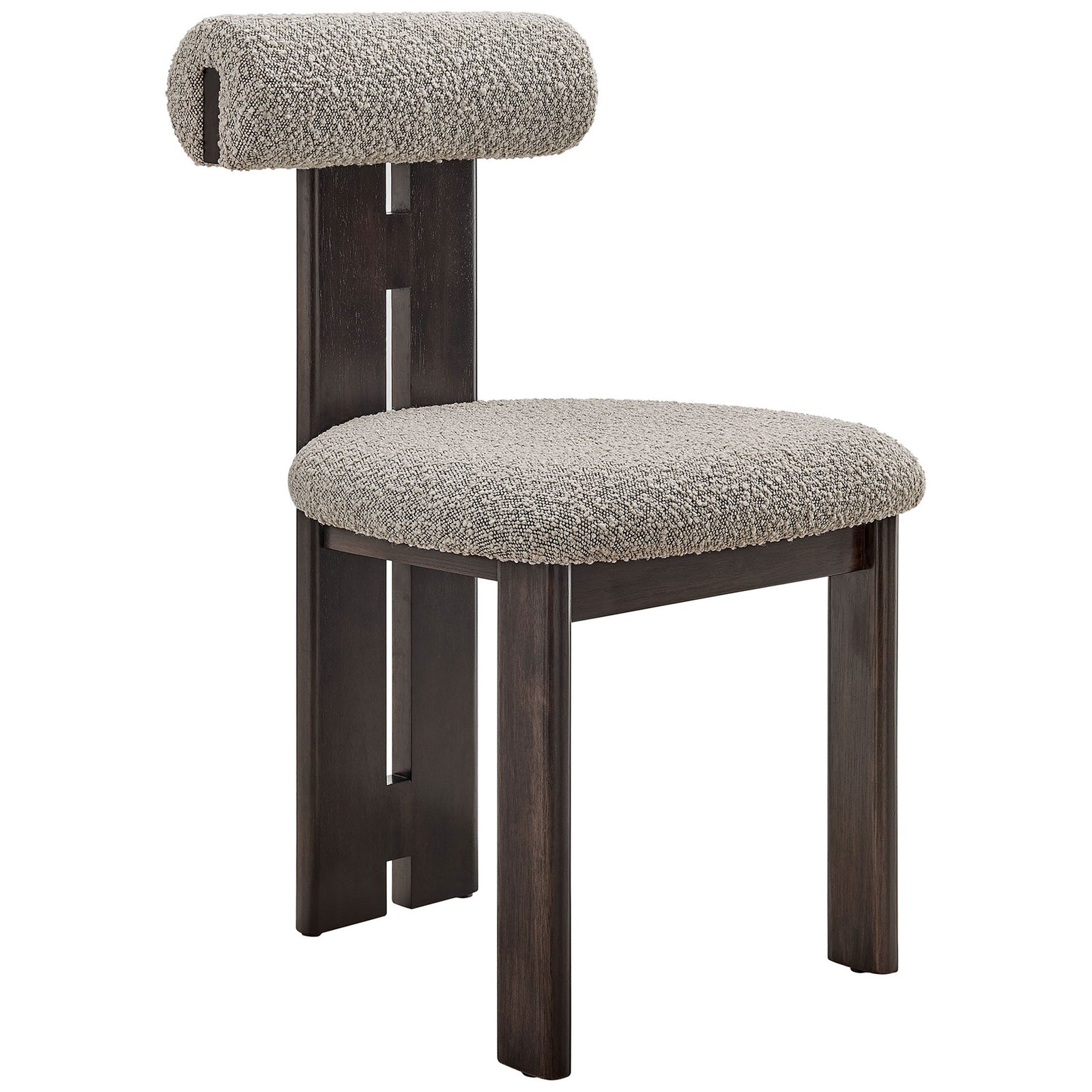 Modern boucle dining chair with curved cushioned seat and tall slotted back in rich wenge wood. || EEI-6960-WEN-TAU || front_angle_studio