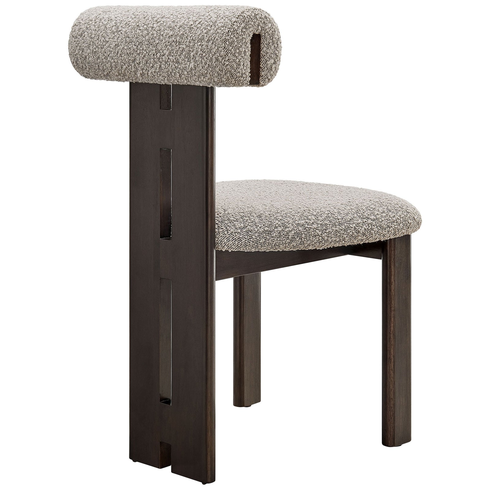 Wenge wood dining chair with taupe boucle roll-back cushion and sculpted slatted back support. || EEI-6960-WEN-TAU || back_angle_studio