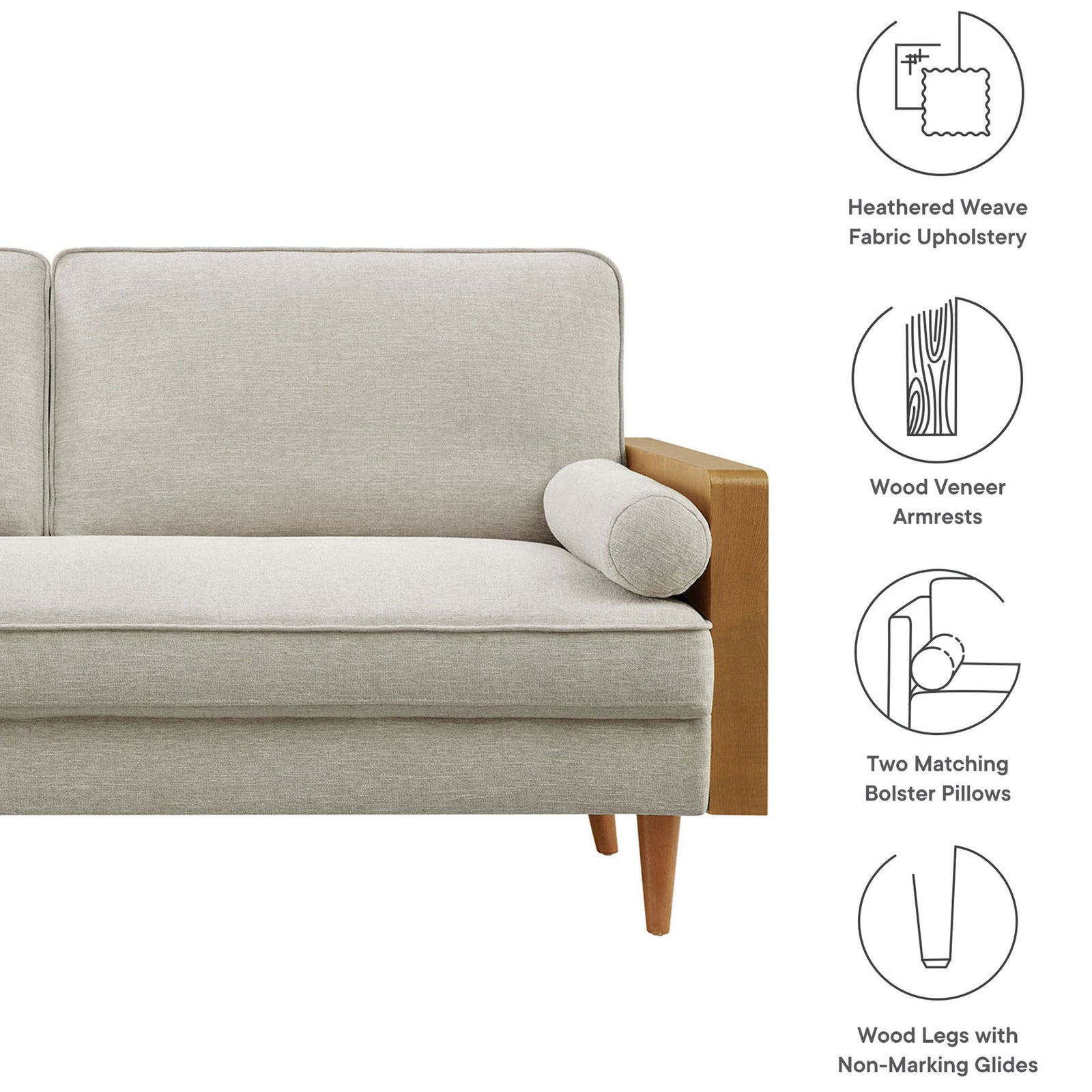 Feature graphic showing heathered upholstery, wood veneer arms, bolster pillows, and non-marking wood legs. || EEI-6961-WAL-HEI || callout_studio