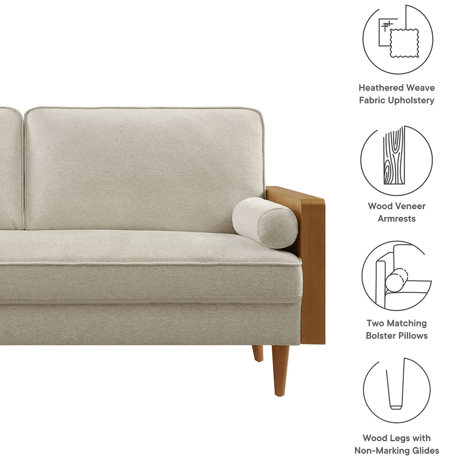 Heathered fabric sofa with wood arms and bolster pillows, highlighted with icons calling out key comfort features || EEI-6961-WAL-HLB || callout_studio