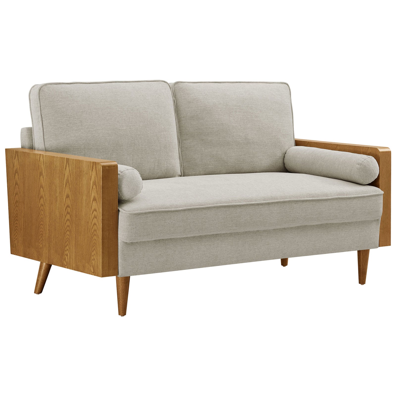 Mid-century loveseat with ivory heathered upholstery, wood veneer arms, bolster pillows, and tapered legs || EEI-6962-WAL-HEI || front_angle_studio