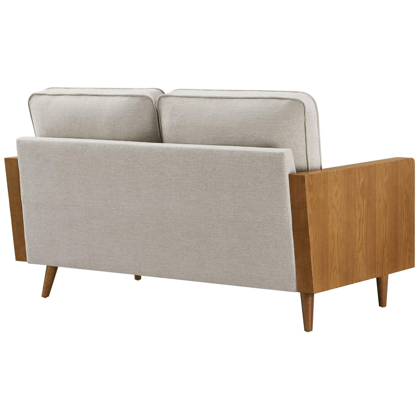 Loveseat showcasing the smooth upholstered back and extended wood veneer side panels || EEI-6962-WAL-HEI || back_angle_studio
