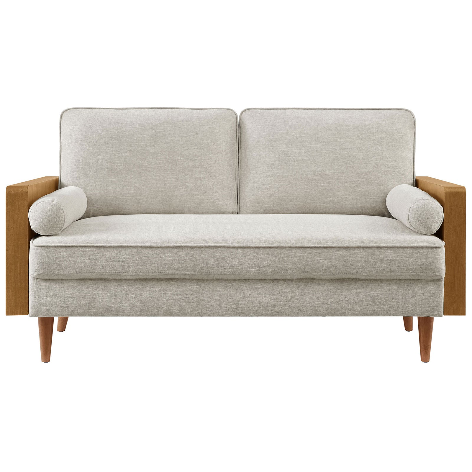 Ivory heathered loveseat with twin back cushions and matching bolster pillows framed by wood arms || EEI-6962-WAL-HEI || front_studio