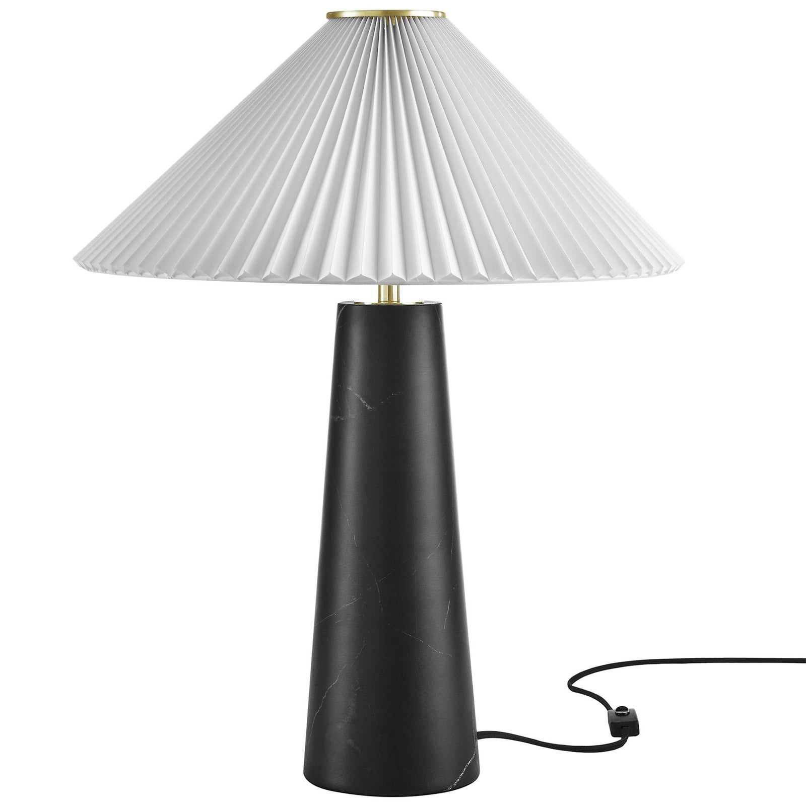Black marble-look Nera table lamp with crisp white pleated shade and brass accents. || EEI-6963-BLK || front_studio