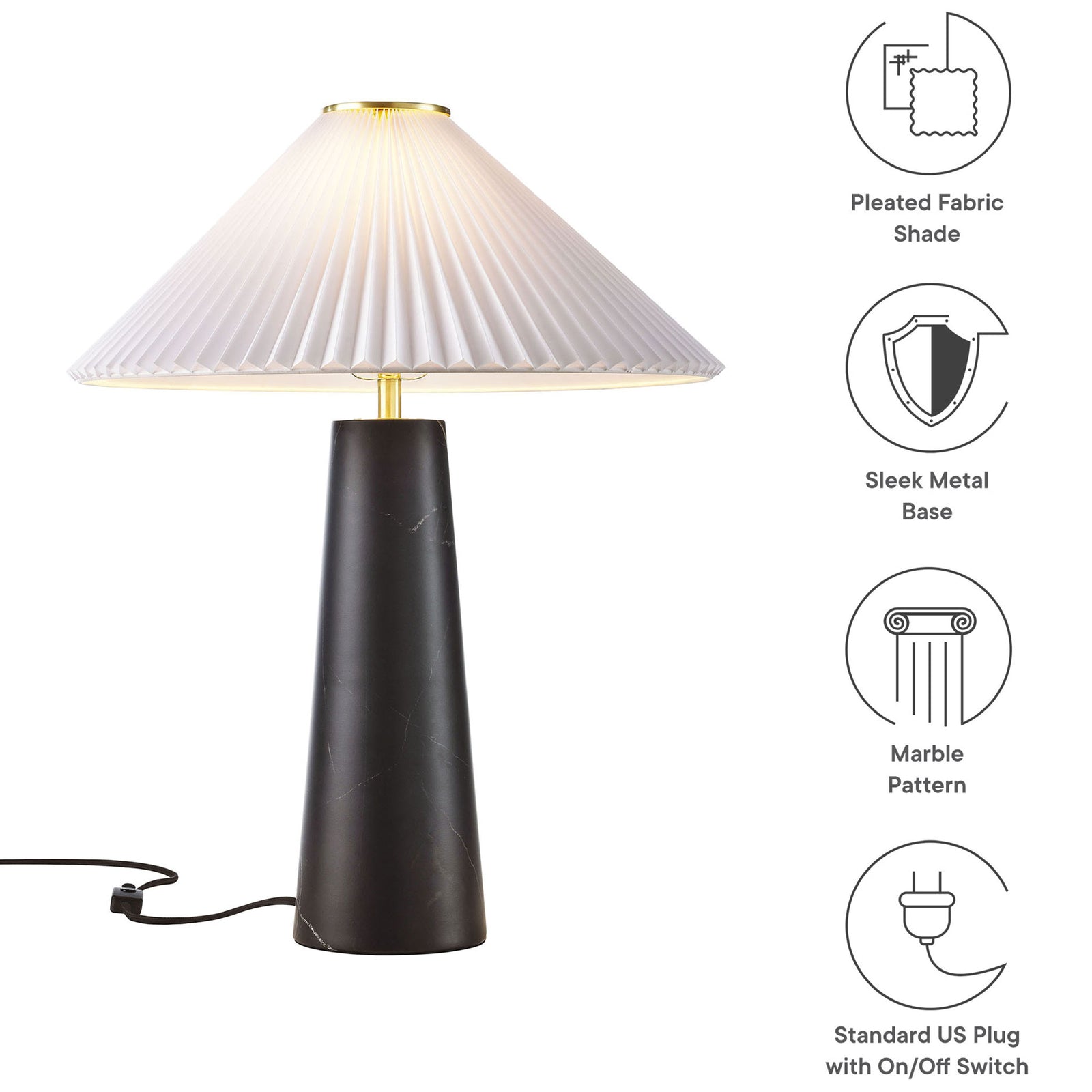 Nera black marble table lamp with pleated shade, sleek metal base, and standard plug features. || EEI-6963-BLK || callout_studio