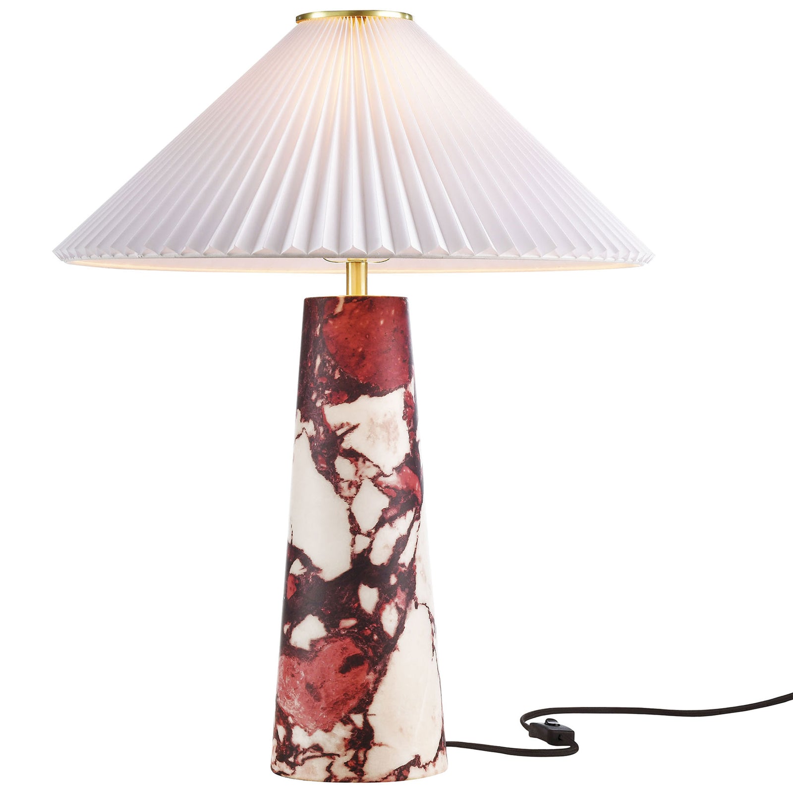 Warmly glowing Nera table lamp with bold red marble-look base and pleated white shade. || EEI-6963-RED || front_on_studio