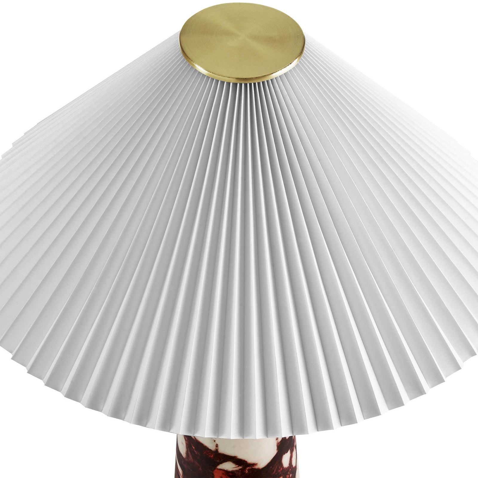 White pleated shade with brass plate crowning the vibrant Nera red marble lamp. || EEI-6963-RED || shade_studio