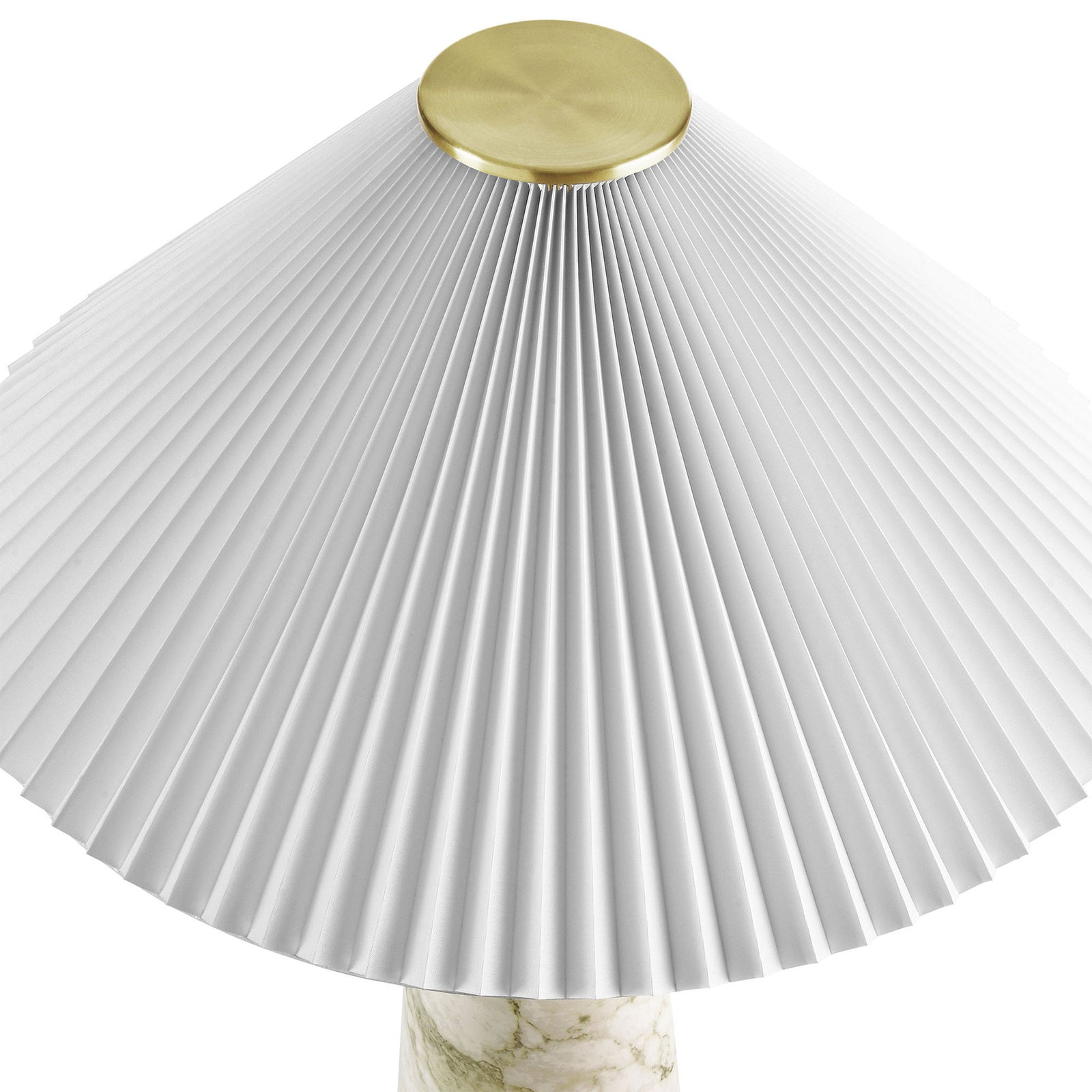 Crisp white pleated shade with brass plate finishing the elegant Nera table lamp. || EEI-6963-WHI || shade_studio