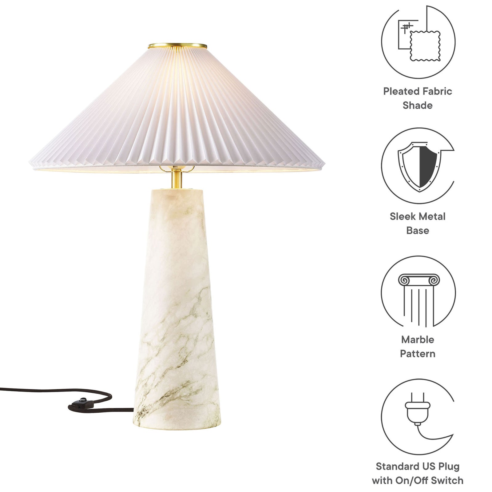 Nera white marble table lamp with pleated shade, sleek metal base, and standard plug benefits. || EEI-6963-WHI || callout_studio
