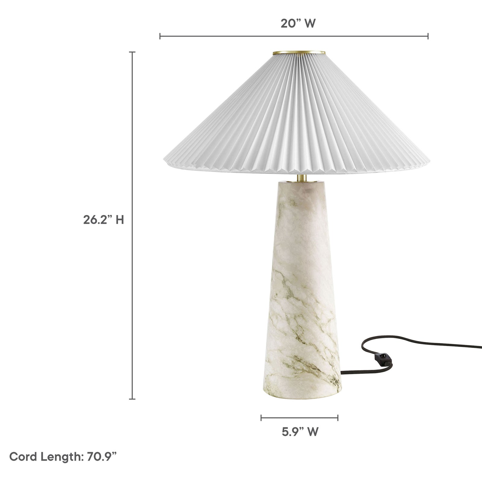 Nera white marble table lamp with dimensions emphasizing tall profile and wide shade span. || EEI-6963-WHI || dimension_studio