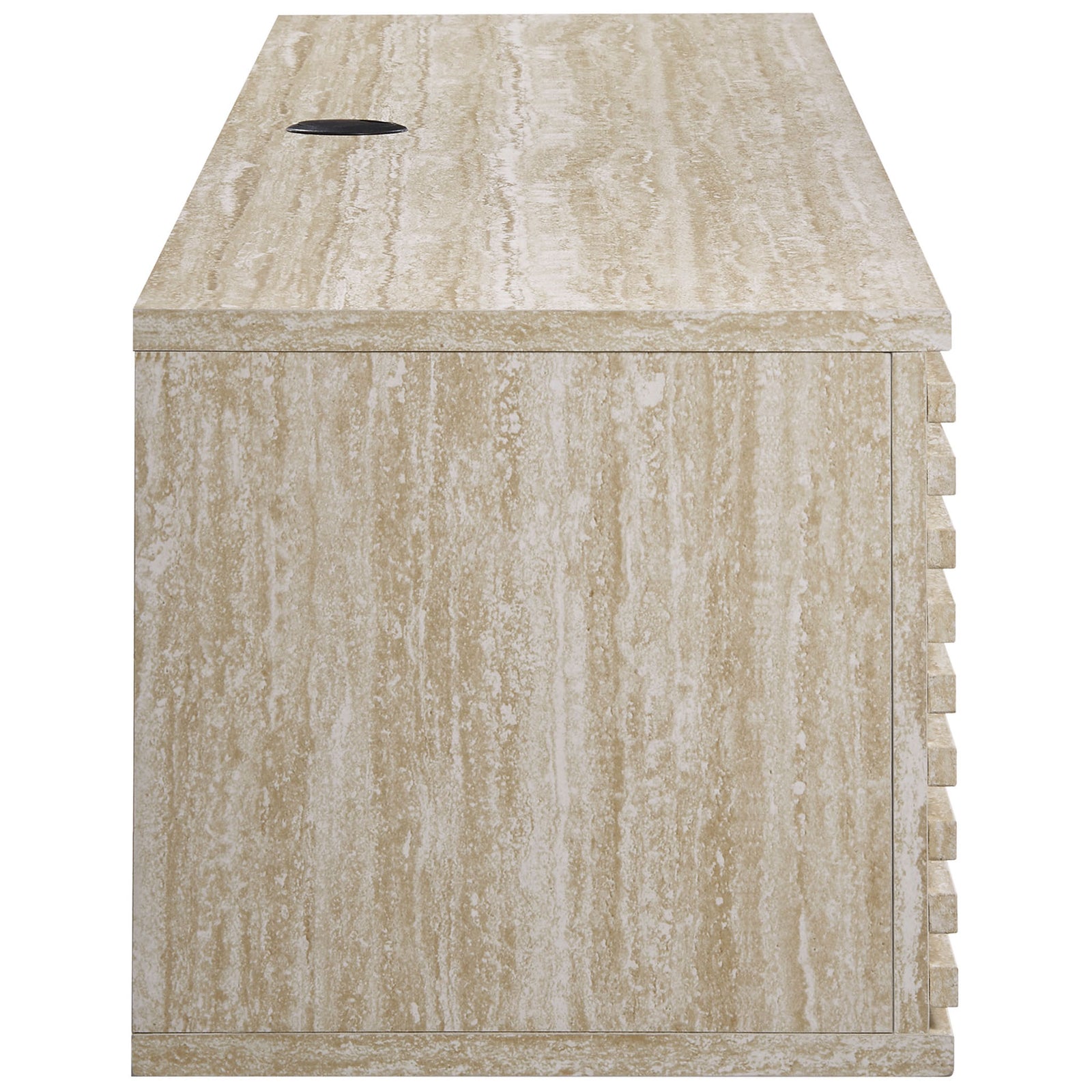 Side profile of the travertine-look media console highlighting the stone-inspired grain and slim build. || EEI-6965-TRA || side_studio