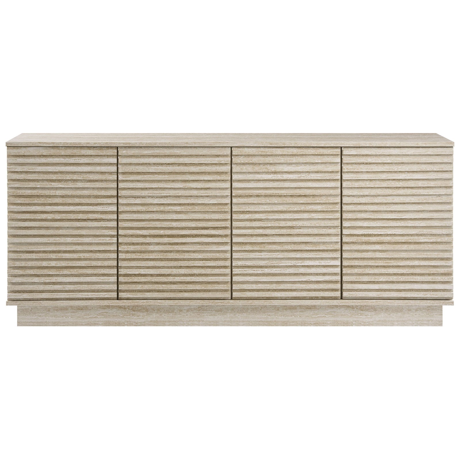 Render faux travertine sideboard with four slatted doors and clean plinth base silhouette || EEI-6966-TRA || front_studio
