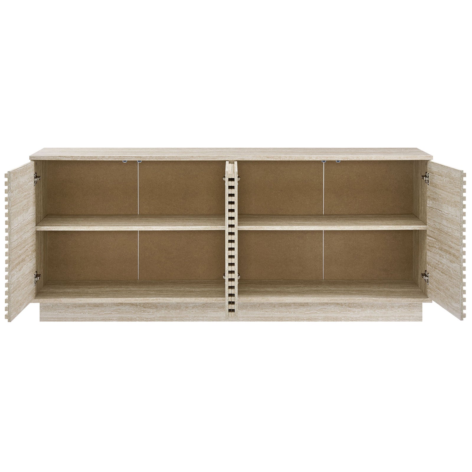 Sideboard cabinet with both doors open revealing spacious shelving for tableware and decor || EEI-6966-TRA || front_open_studio