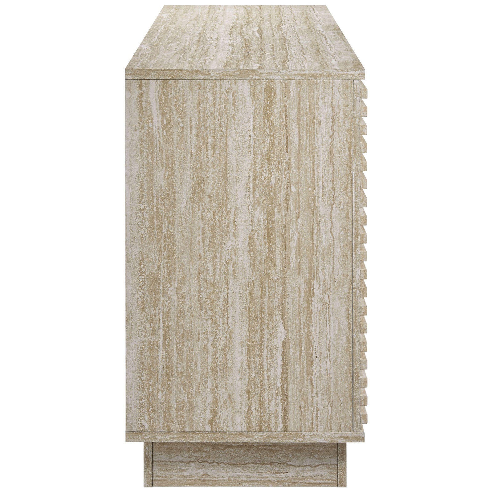 Side profile of the Render sideboard highlighting the realistic faux travertine grain and plinth base || EEI-6966-TRA || side_studio