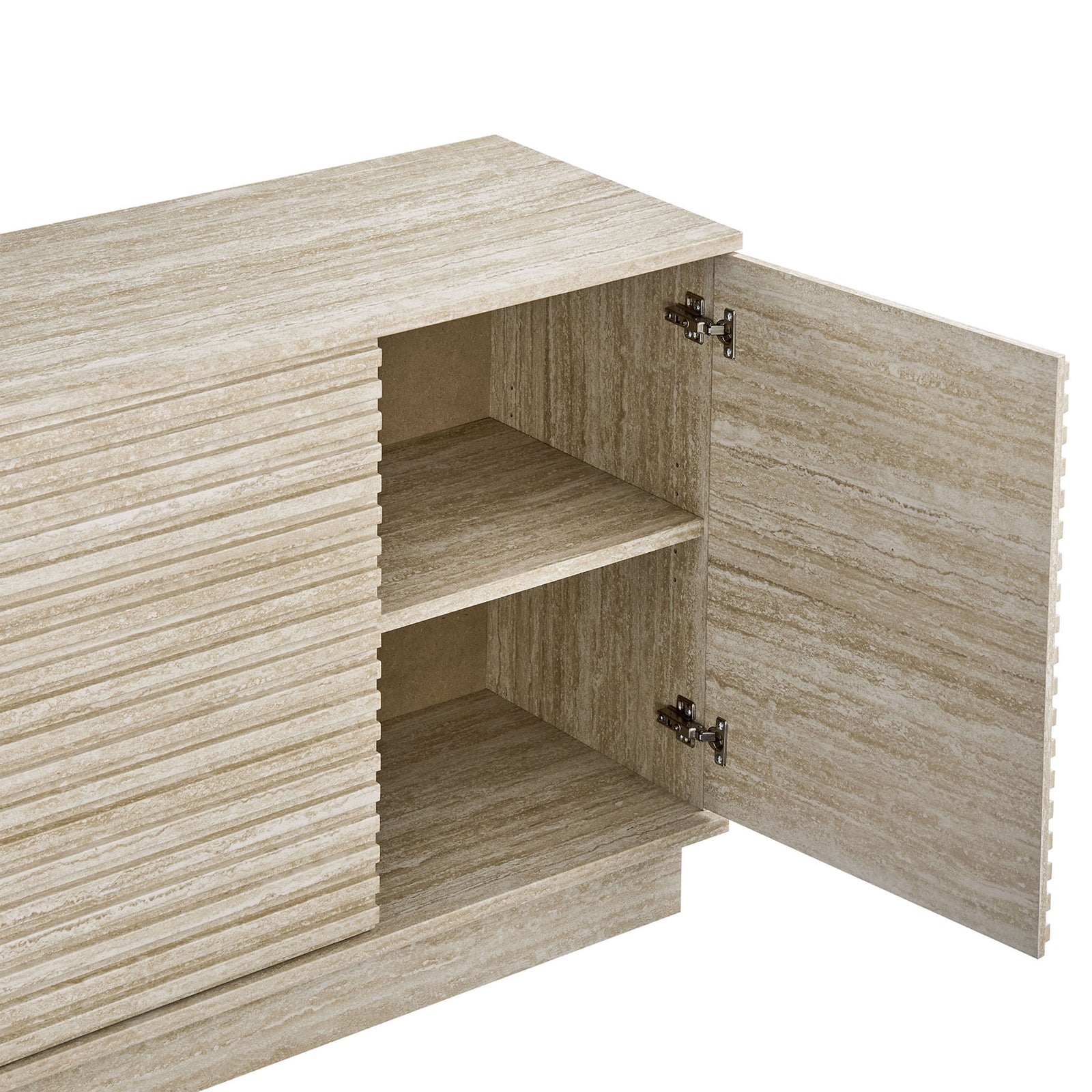Close up of interior shelving and slatted door design, showing generous concealed storage space || EEI-6966-TRA || storage_open_studio