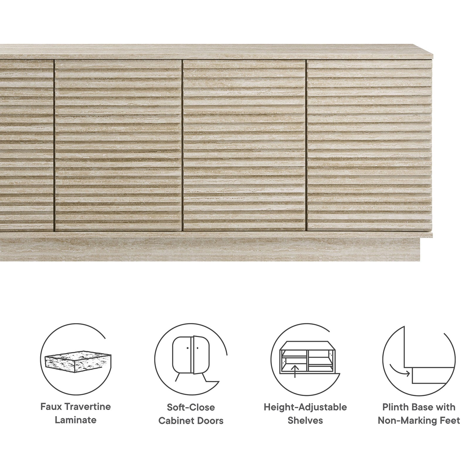 Feature overview of faux travertine sideboard with icons for finish, soft close doors, shelves, and base || EEI-6966-TRA || callout_studio