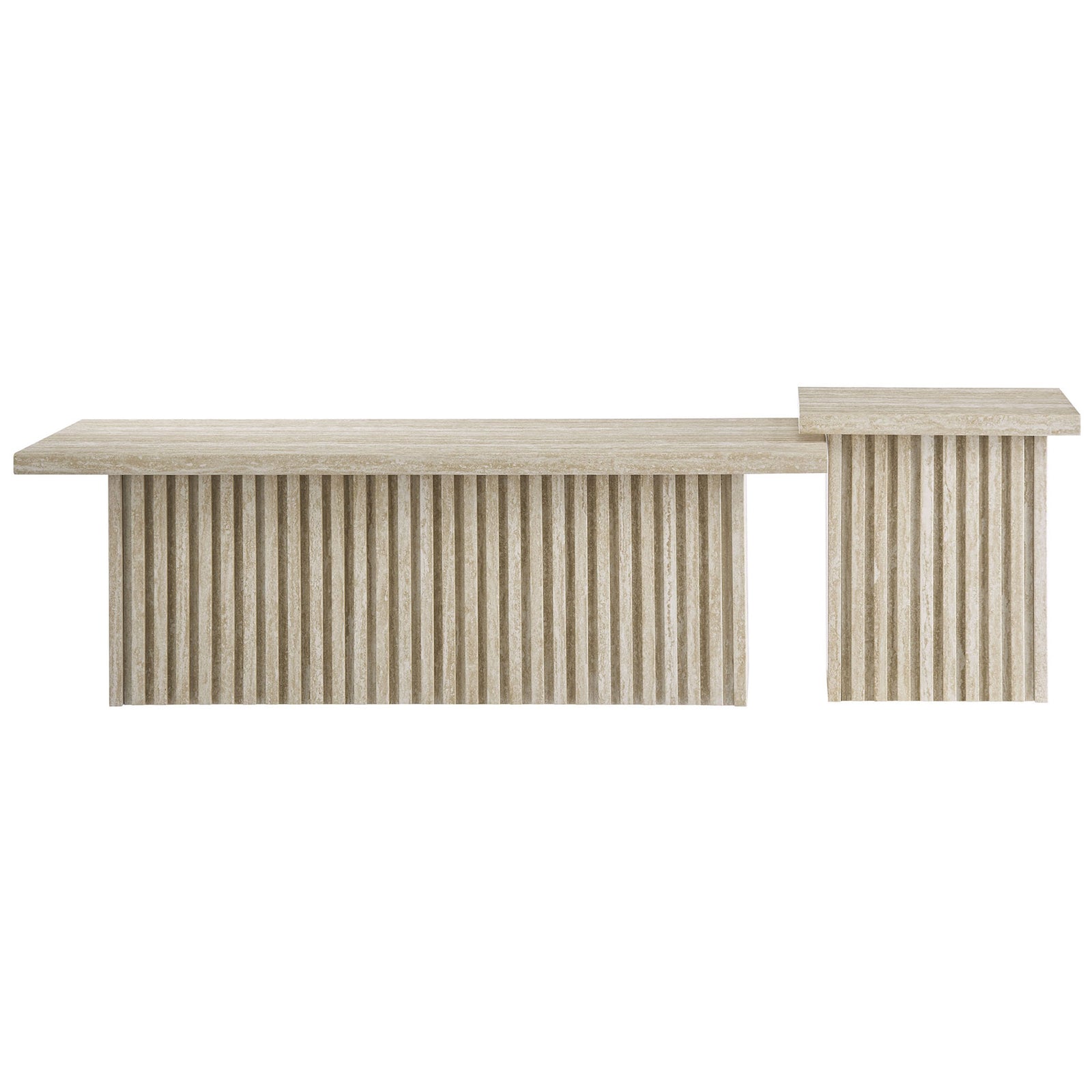 Two-piece nesting coffee tables with vertical slatted bases and a natural-look faux travertine finish || EEI-6970-TRA || front_studio
