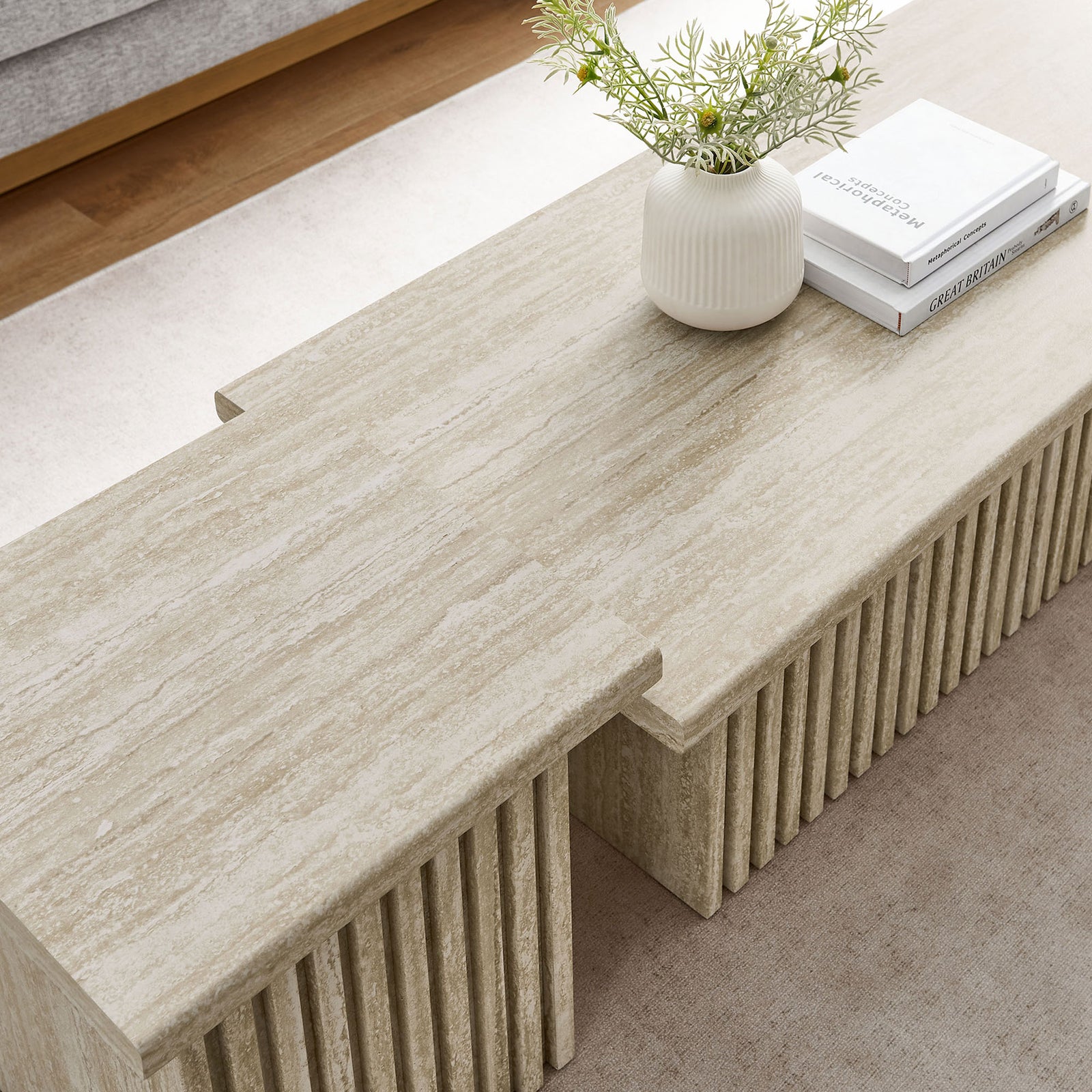 Natural veining pairs with soft neutrals to elevate everyday decor on this layered coffee table duo || EEI-6970-TRA || detail_room