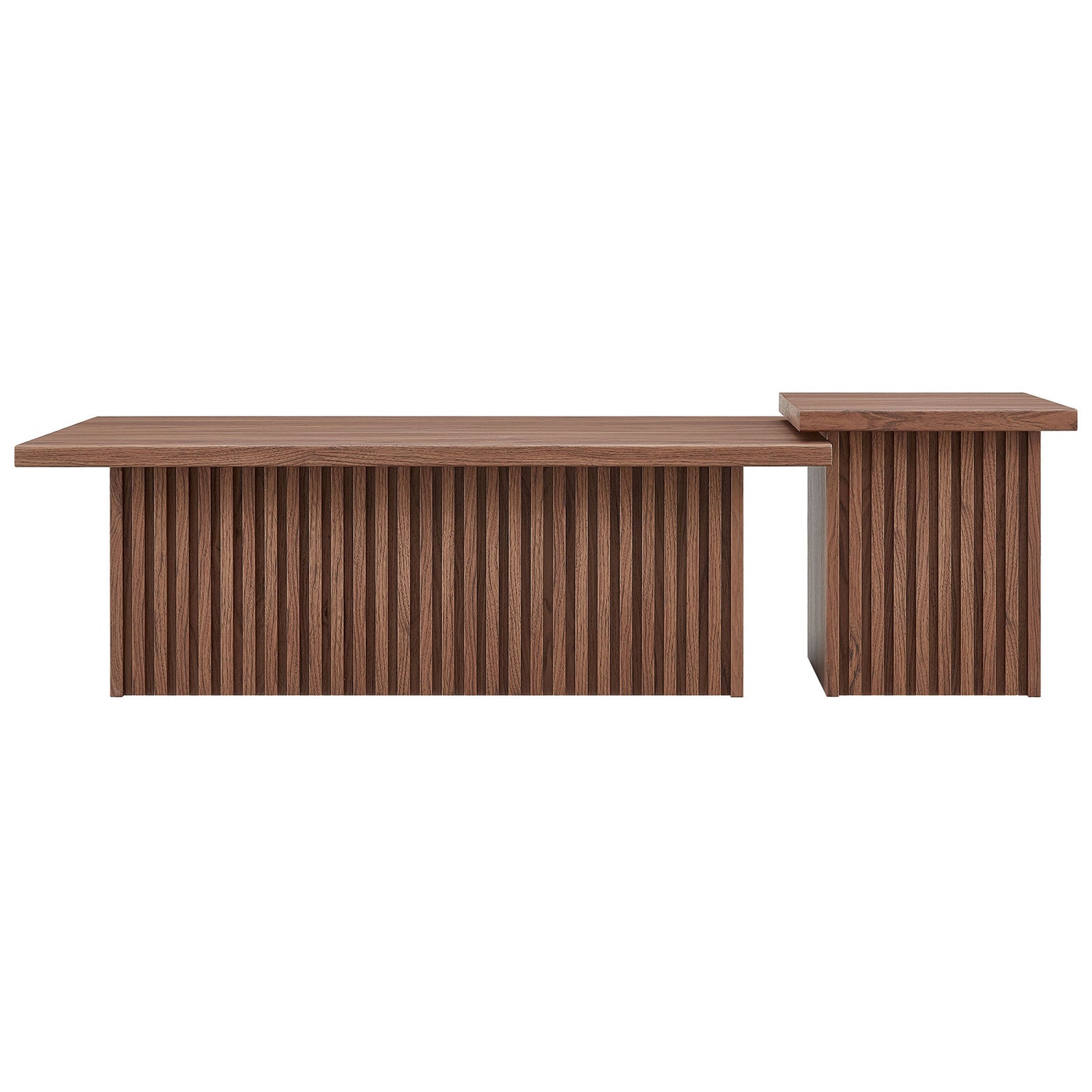 Two-piece walnut nesting tables with bold slatted bases create a clean, modern focal point || EEI-6970-WAL || front_studio
