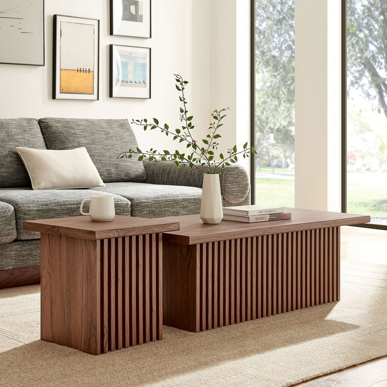 Warm walnut tones and slatted details elevate living rooms with versatile nesting function || EEI-6970-WAL || front_angle_room