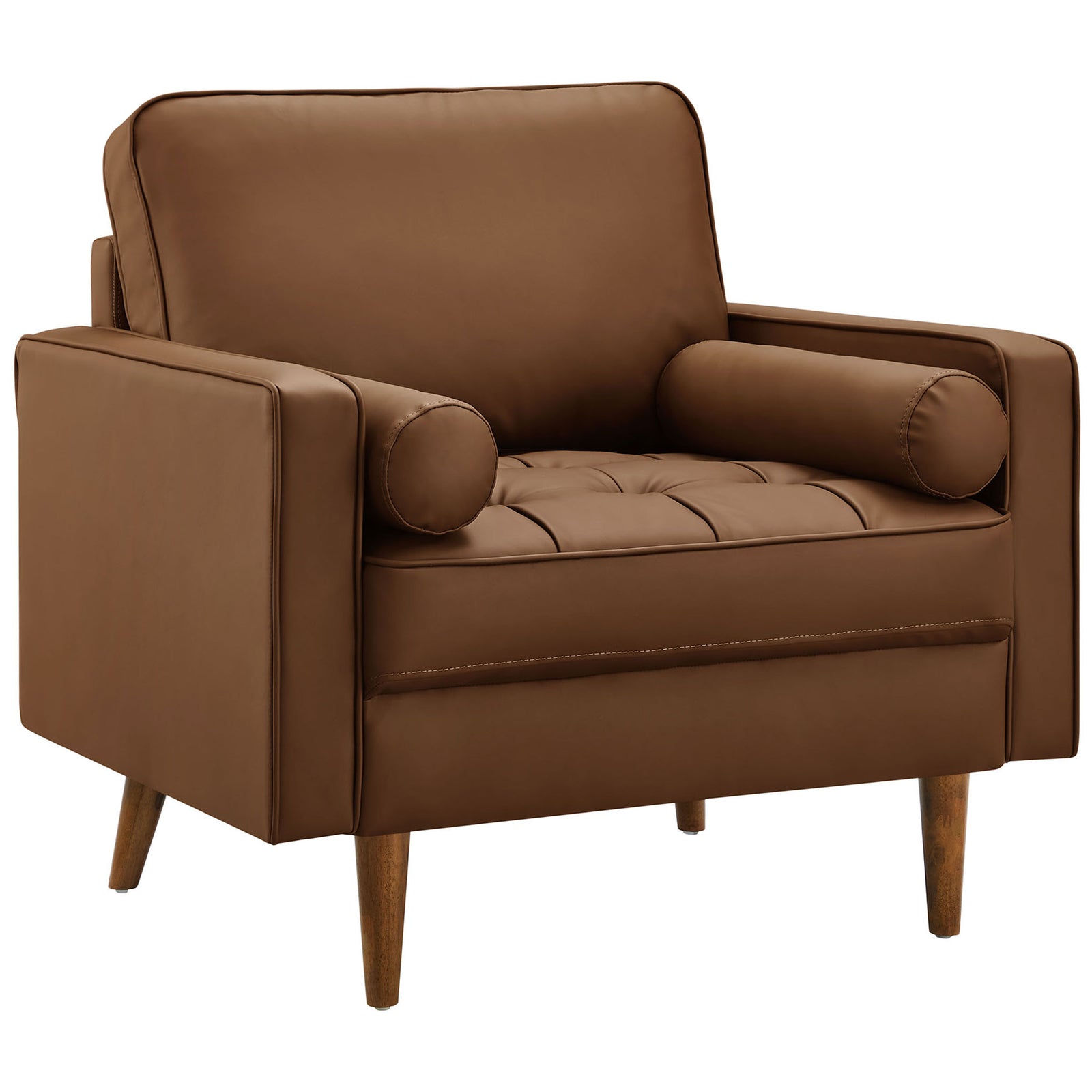 Mid-century accent chair in brown vegan leather with bolster pillows and walnut-stained legs || EEI-6971-BRN || front_angle_studio