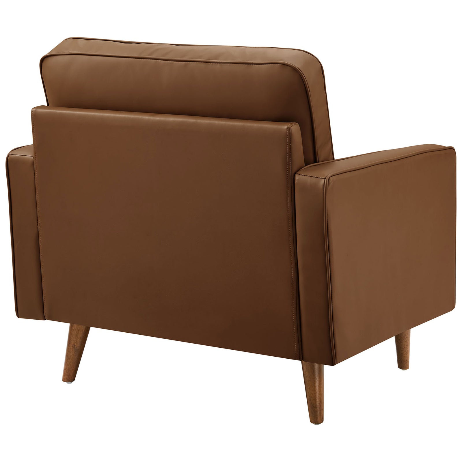 Tailored vegan leather upholstery with clean seams and tapered legs for a polished mid-century look || EEI-6971-BRN || back_angle_studio