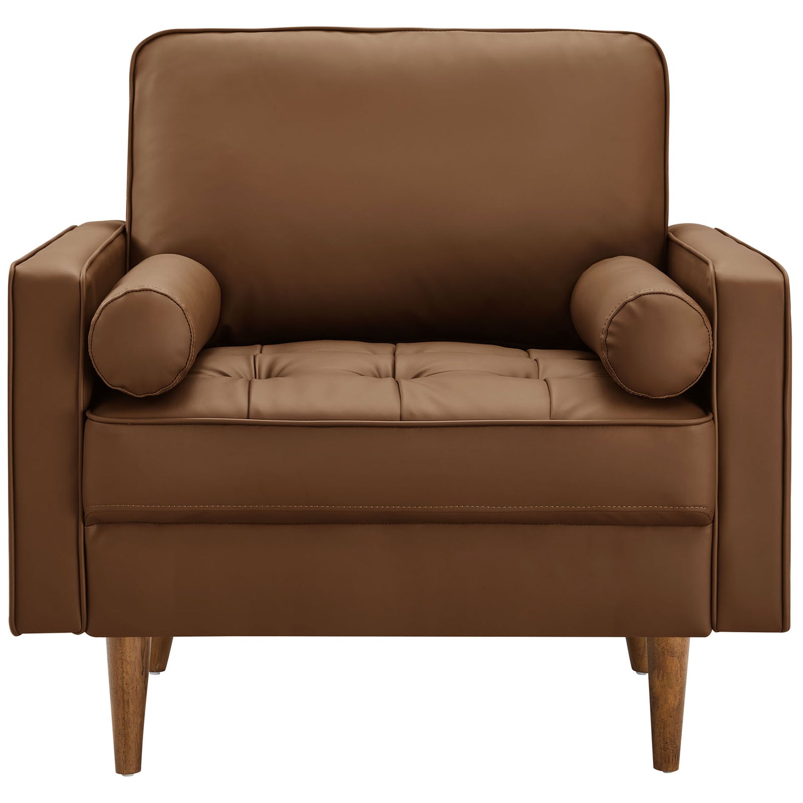 Brown vegan leather armchair with biscuit tufting and matching bolster pillows on tapered wood legs || EEI-6971-BRN || front_studio