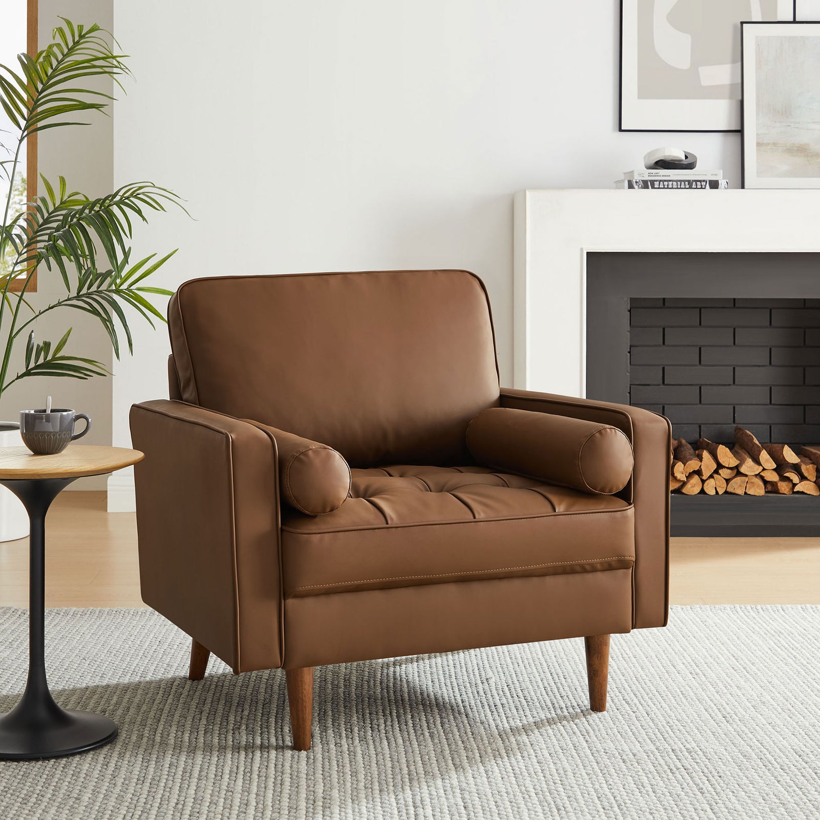 Brown vegan leather accent chair anchors the room with mid-century lines and inviting comfort || EEI-6971-BRN || front_room