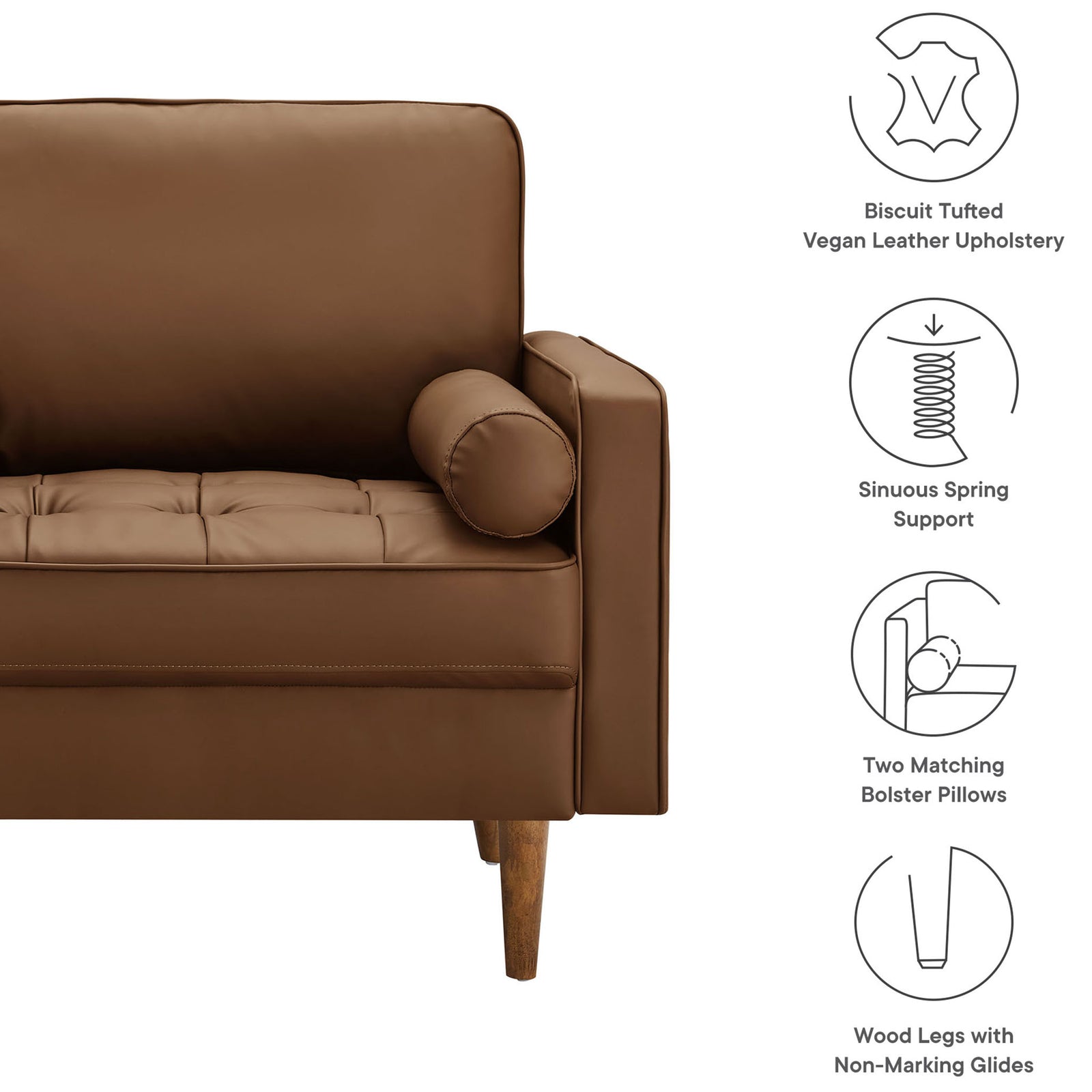 Vegan leather armchair highlighted with biscuit tufting, two bolster pillows, and non-marking glides || EEI-6971-BRN || callout_studio