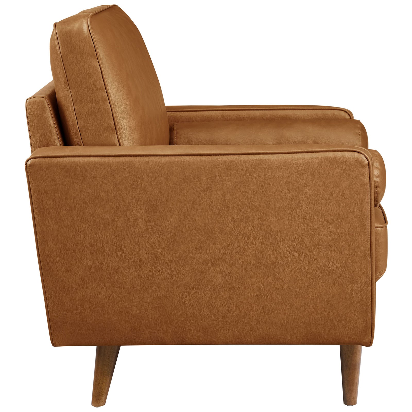 Streamlined track arms and tapered walnut legs lend mid-century charm to this vegan leather chair || EEI-6971-TAN || side_studio
