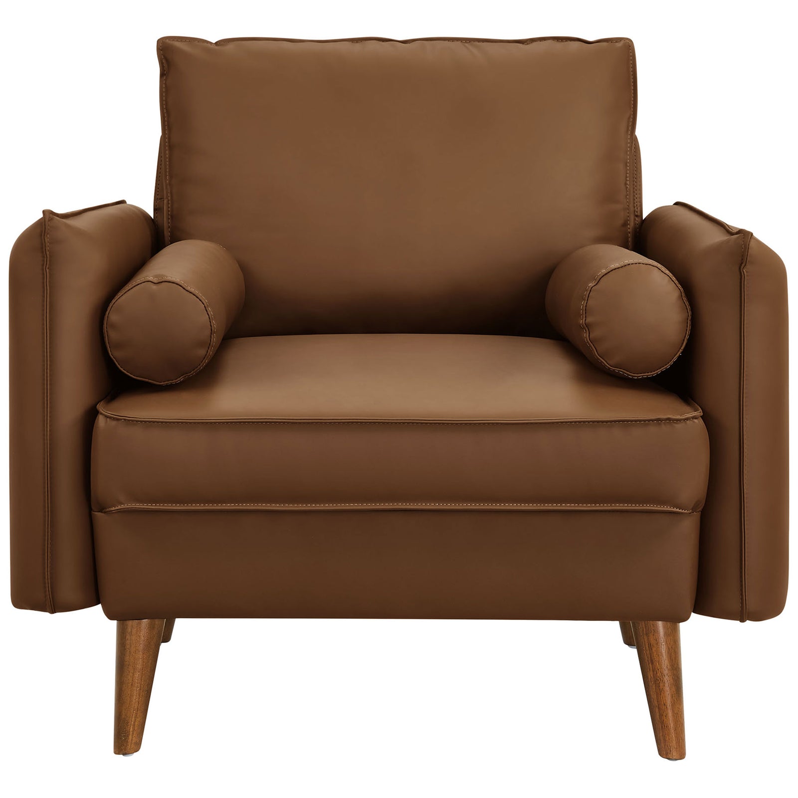 Mid-century accent chair in rich brown vegan leather with plush seat and twin bolster pillows || EEI-6973-BRN || front_studio