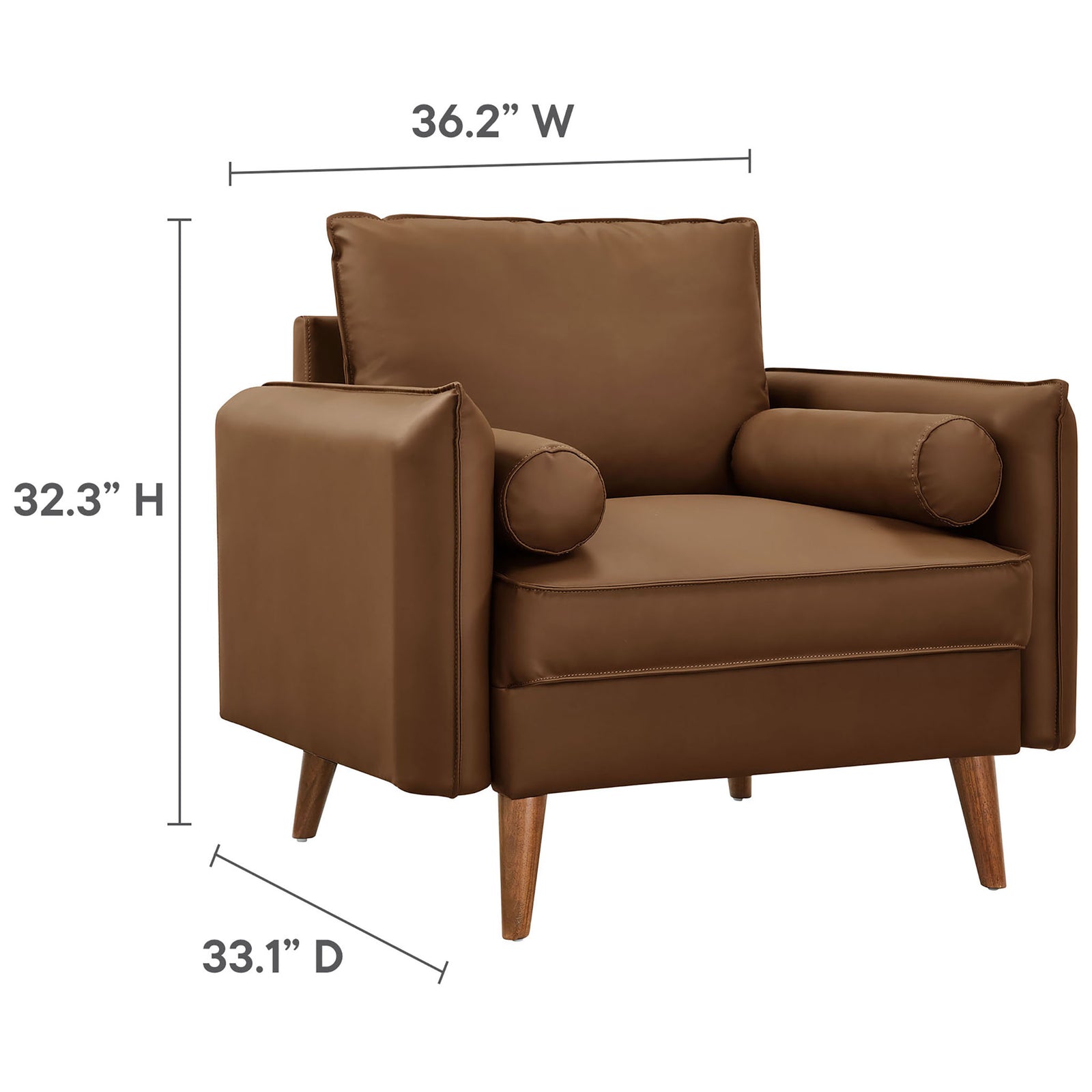 Armchair dimensions shown for width, depth, and height with mid-century details || EEI-6973-BRN || dimension_studio