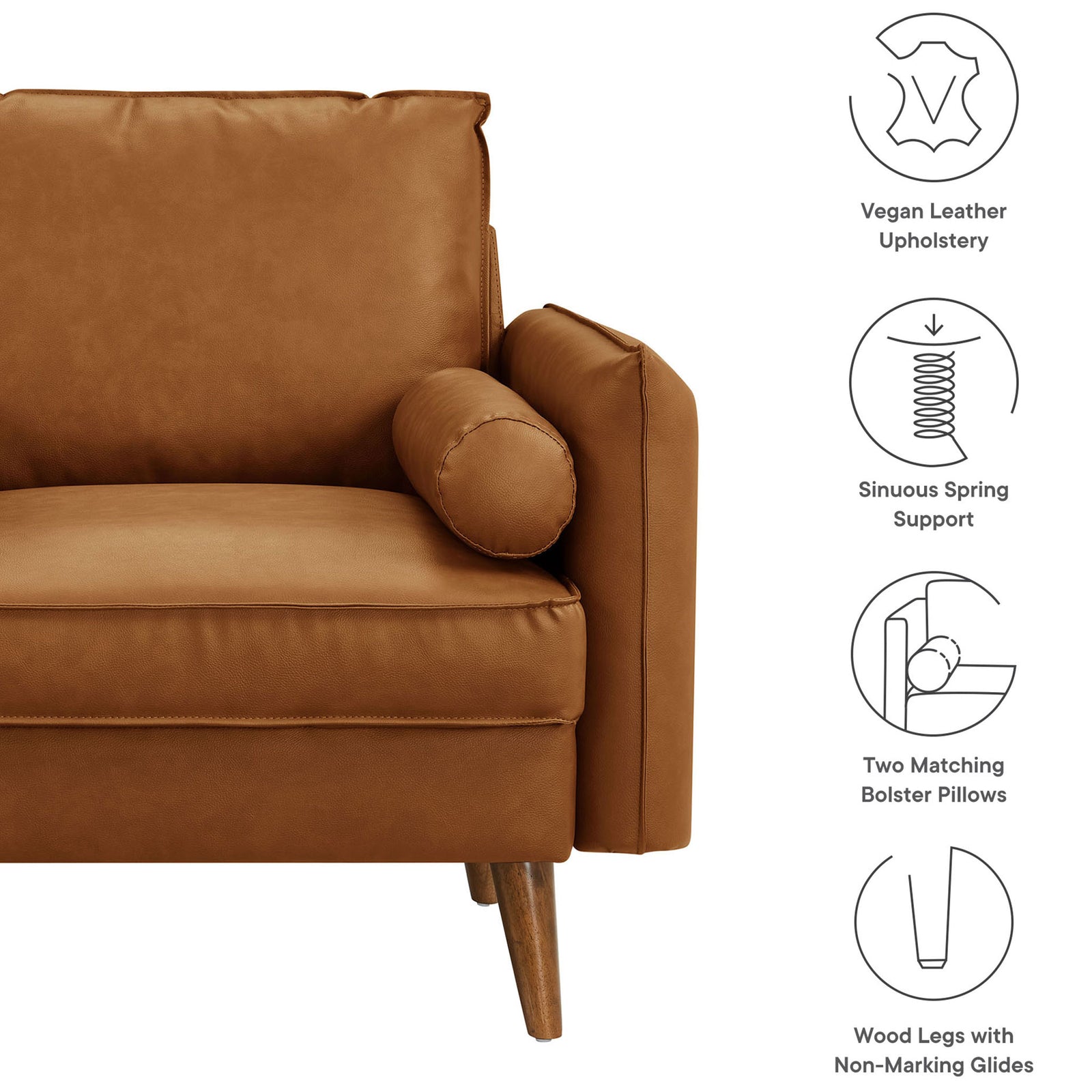 Feature highlights: vegan leather upholstery, sinuous spring support, matching bolsters, and wood legs. || EEI-6973-TAN || callout_studio