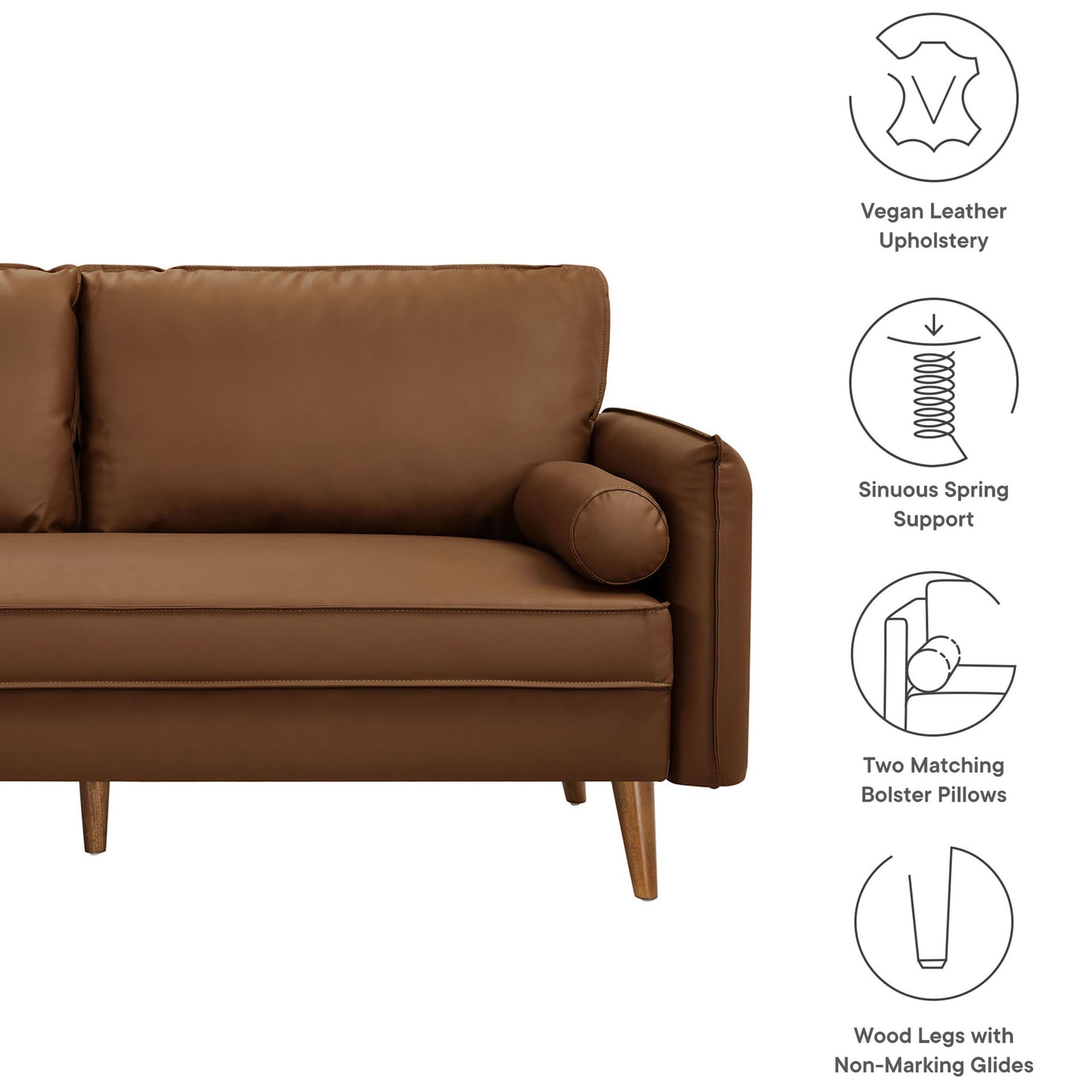 Feature highlights of the brown vegan leather sofa, including bolster pillows and wood legs with non-marking glides. || EEI-6975-BRN || callout_studio