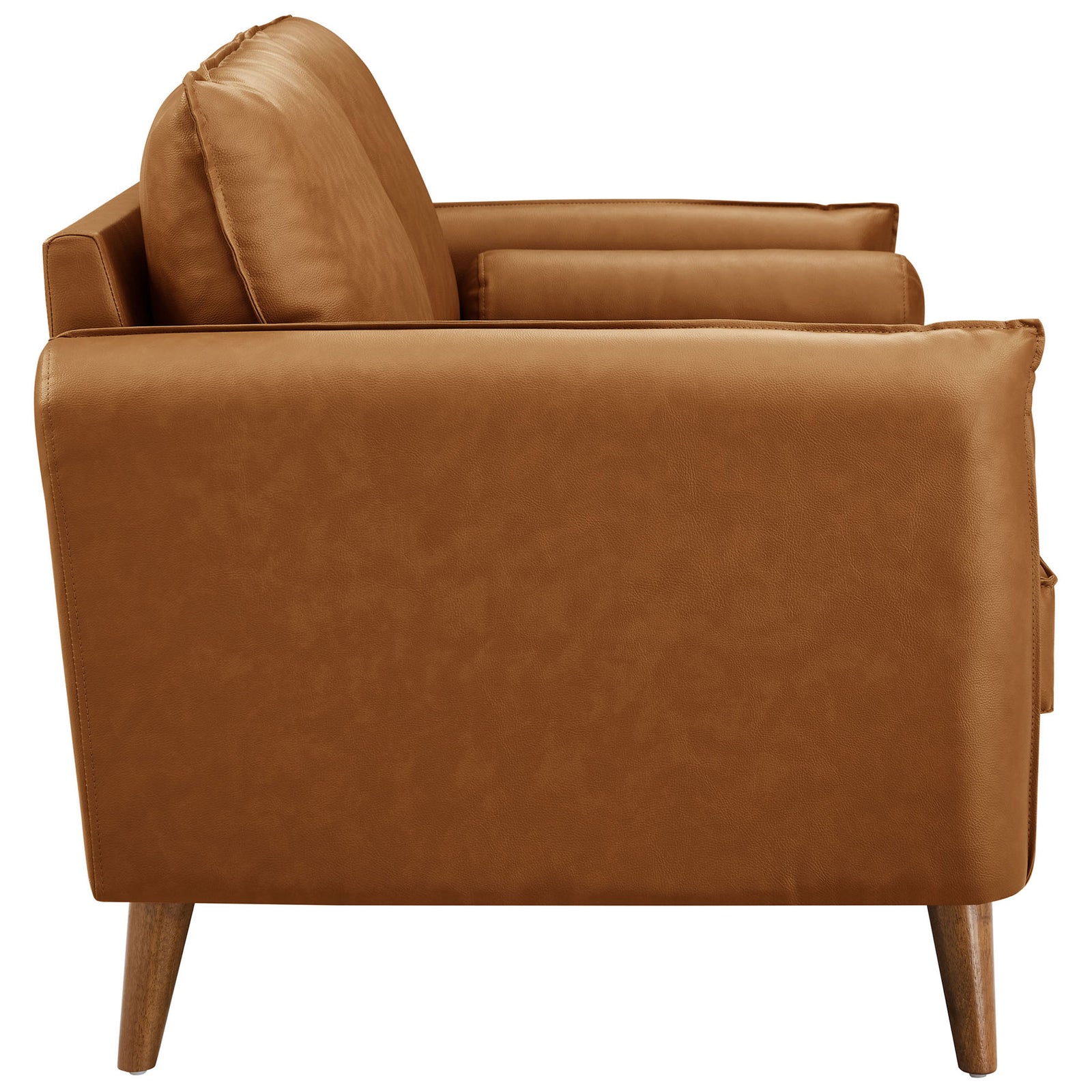 Slim tan vegan leather sofa with clean track arms and tapered wooden legs || EEI-6975-TAN || side_studio