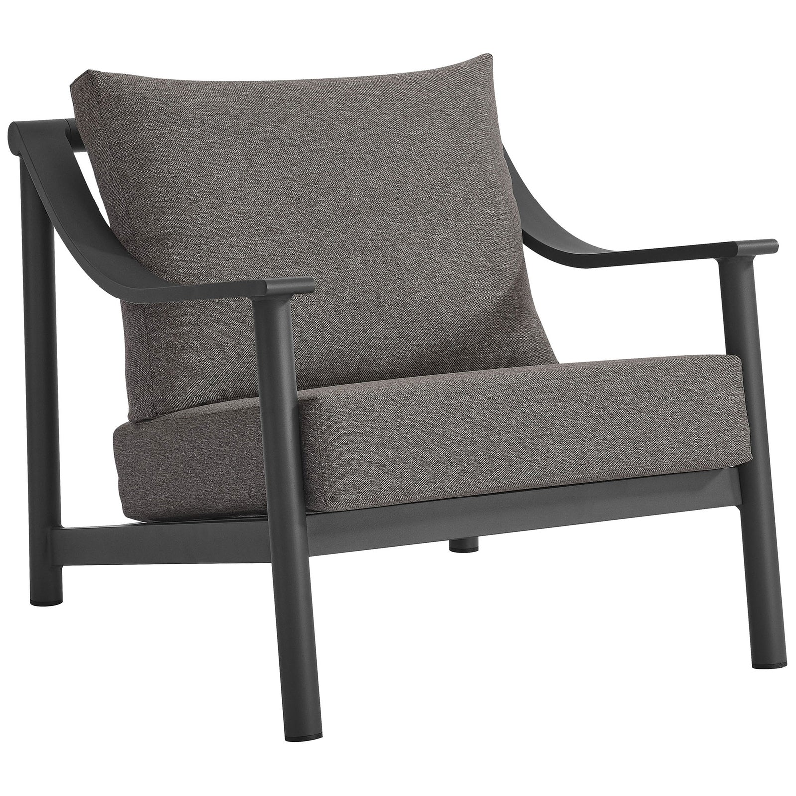 Modern outdoor lounge chair with sculpted arms and a charcoal aluminum frame pairing with plush graphite cushions || EEI-6976-CAR-GPH || front_angle_studio