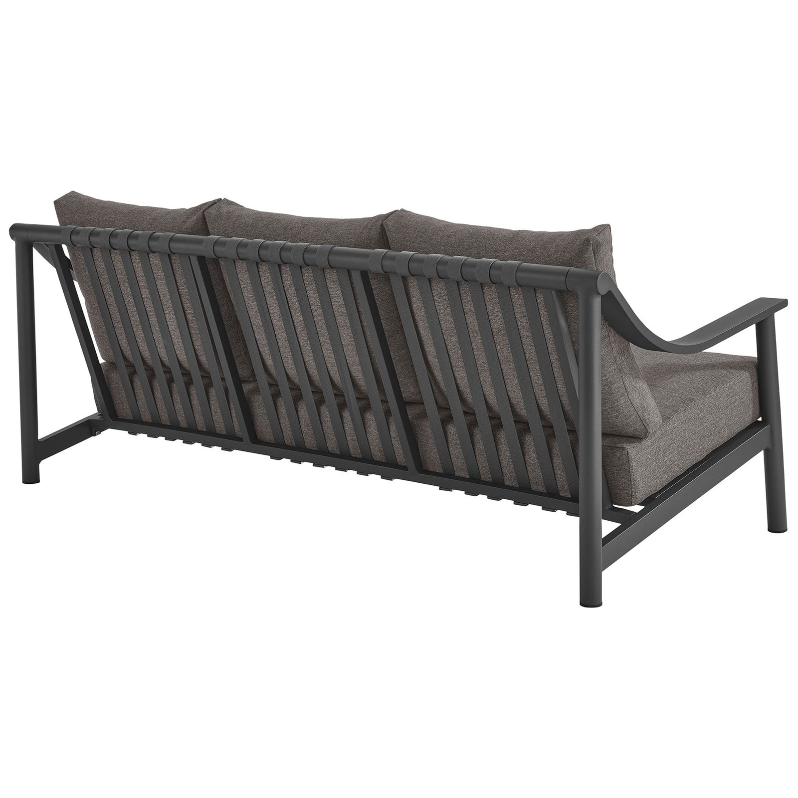 Contemporary outdoor sofa with open slatted backrest and wrapped top rail for airy comfort || EEI-6977-CAR-GPH || back_angle_studio