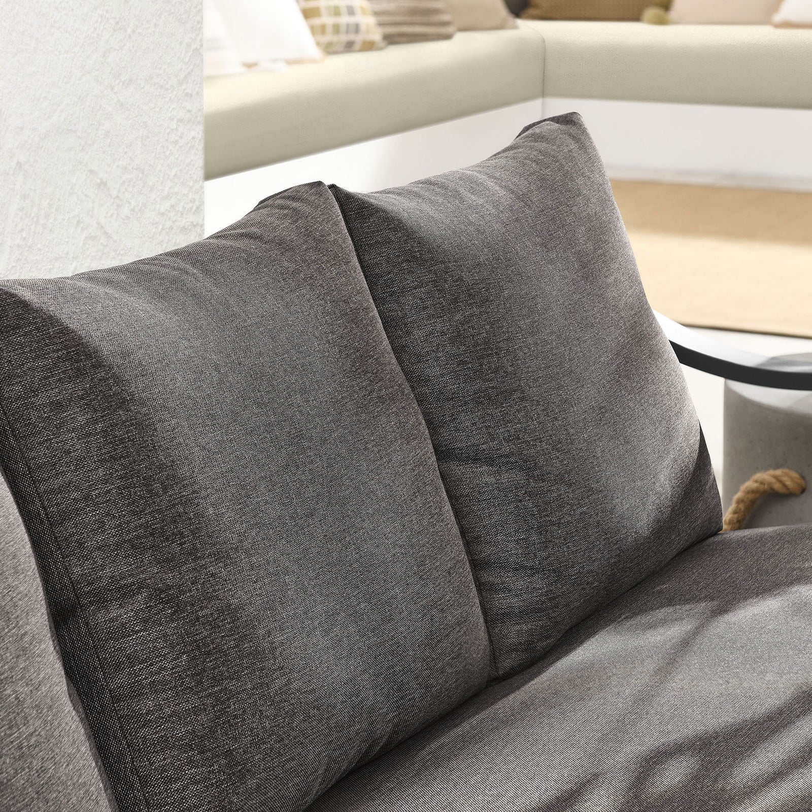 Plush graphite back cushions with soft, weather-ready upholstery add cozy comfort to the Terrace sofa || EEI-6977-CAR-GPH || swatch_room
