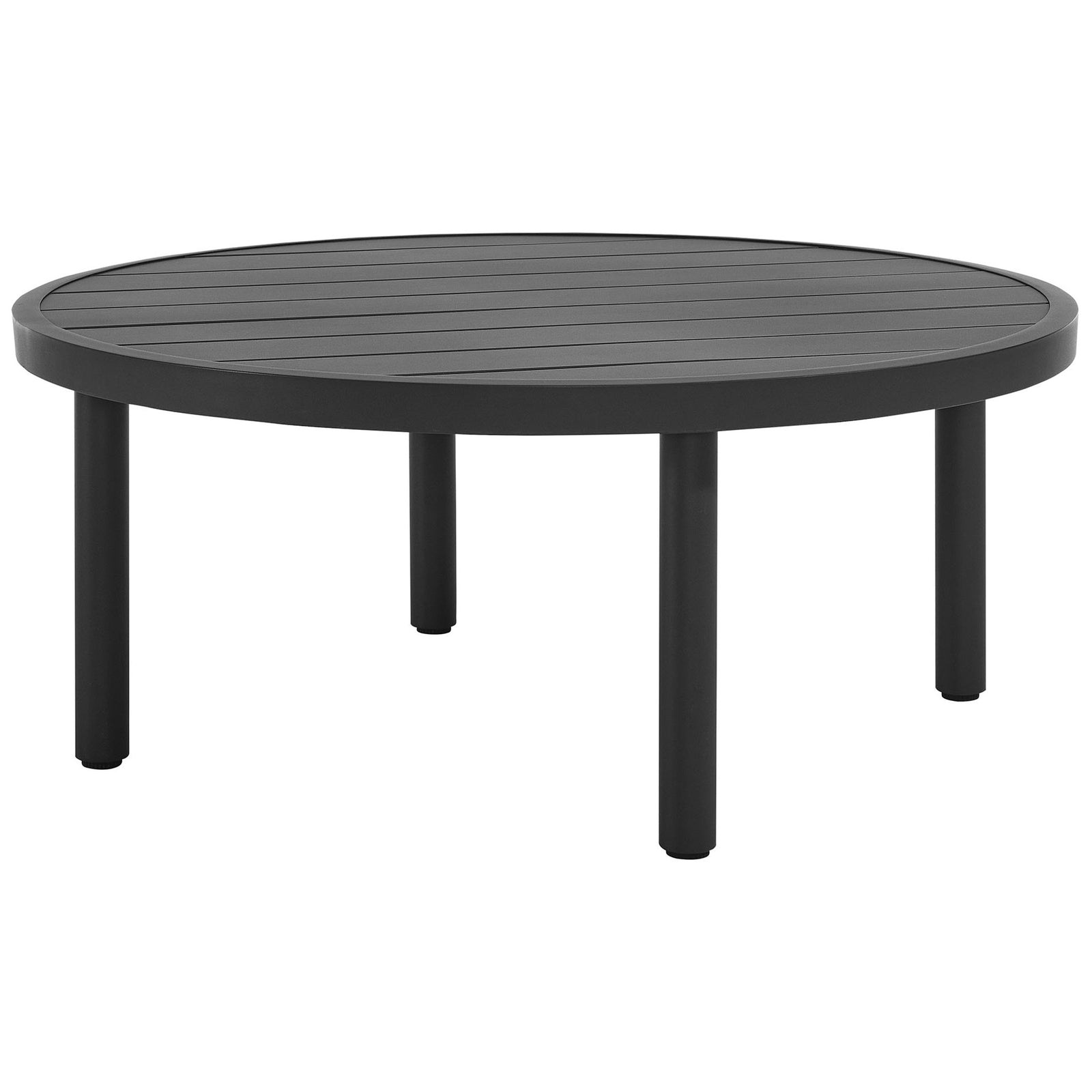 Graphite round aluminum coffee table with slatted top and four sturdy cylindrical legs || EEI-6978-GPH || front_angle_studio