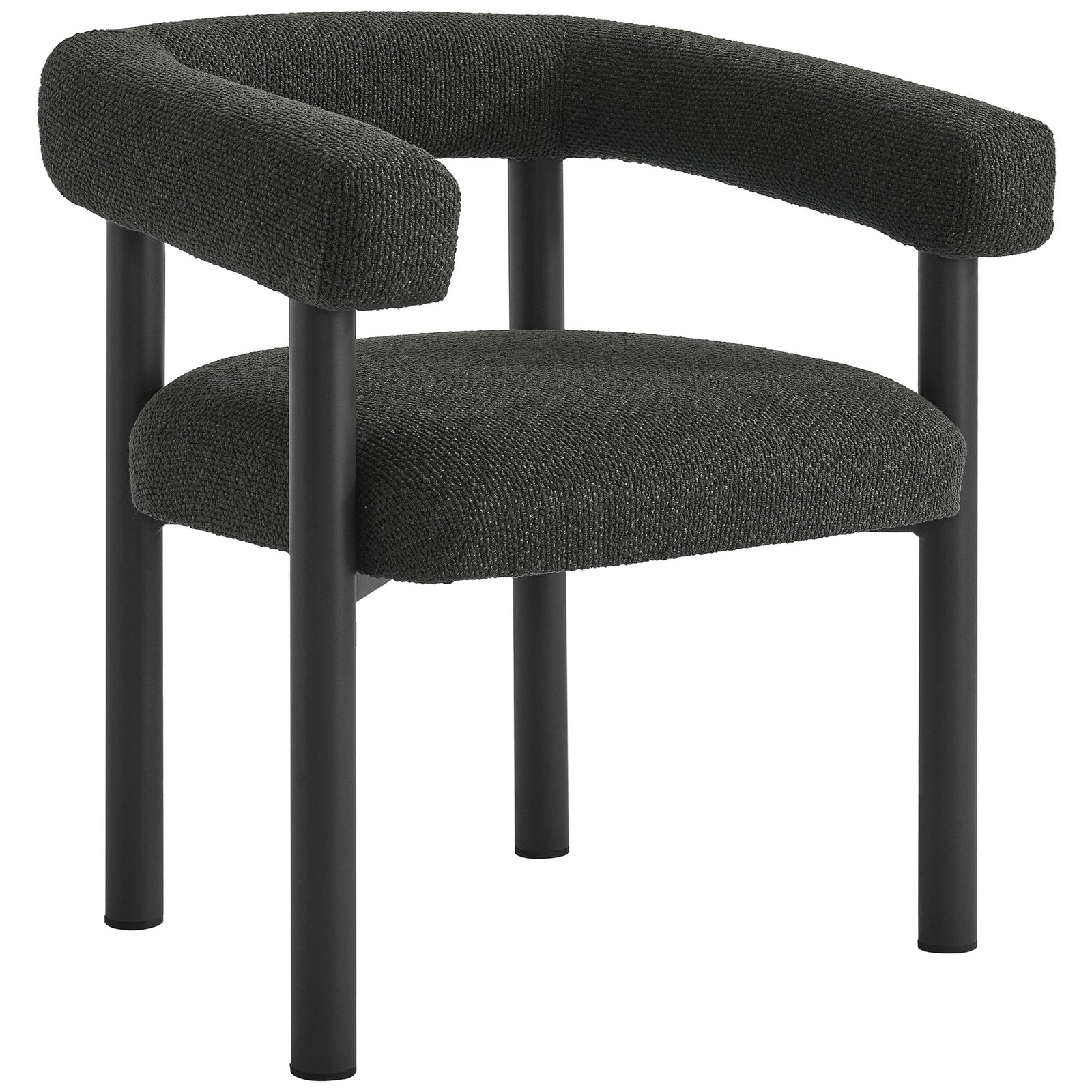 Modern charcoal graphite patio armchair with wraparound backrest and textured upholstered seat || EEI-6979-CHA-GPH || front_angle_studio