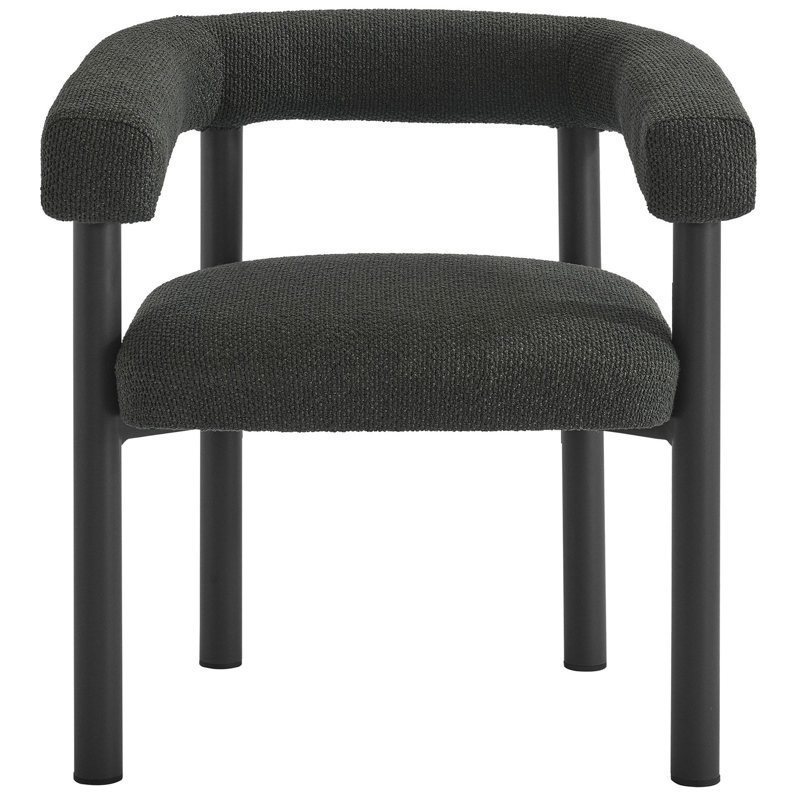 Charcoal graphite outdoor dining armchair with curved padded back and slim tubular aluminum legs || EEI-6979-CHA-GPH || front_studio