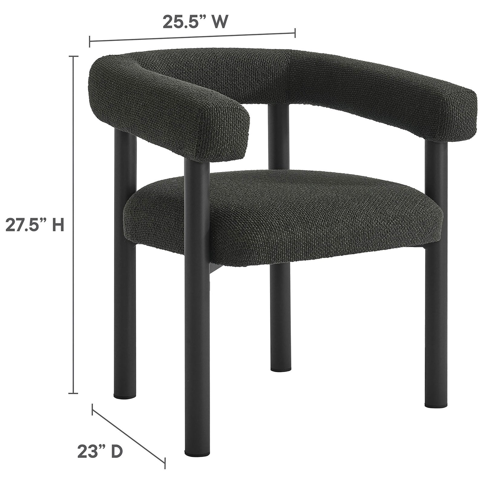 Charcoal graphite outdoor dining chair with generous seat and arm height, featuring clear width and depth dimensions || EEI-6979-CHA-GPH || dimension_studio