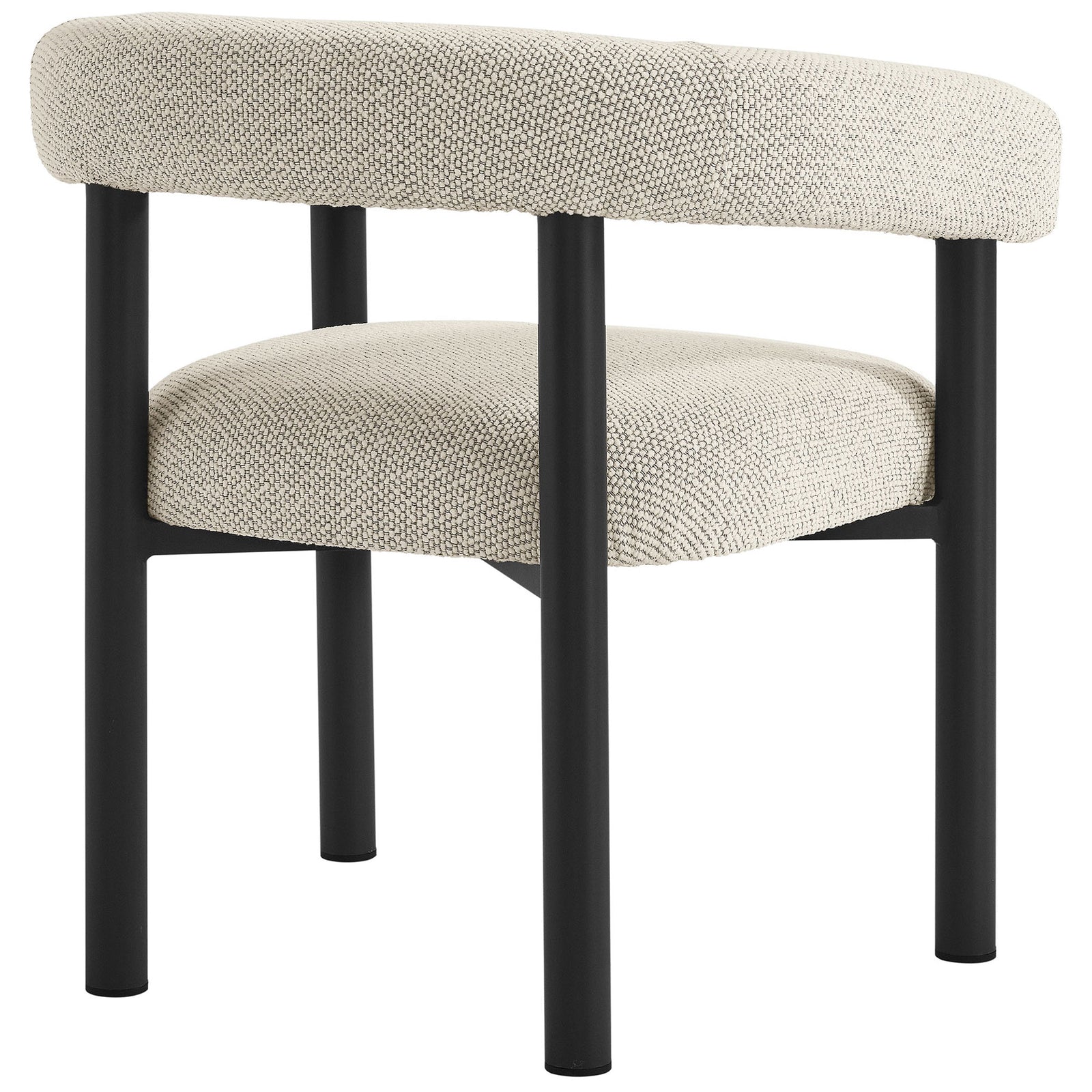 Ivory upholstered dining armchair emphasizing the rounded backrest and sturdy rear metal legs || EEI-6979-IVO-GPH || back_angle_studio