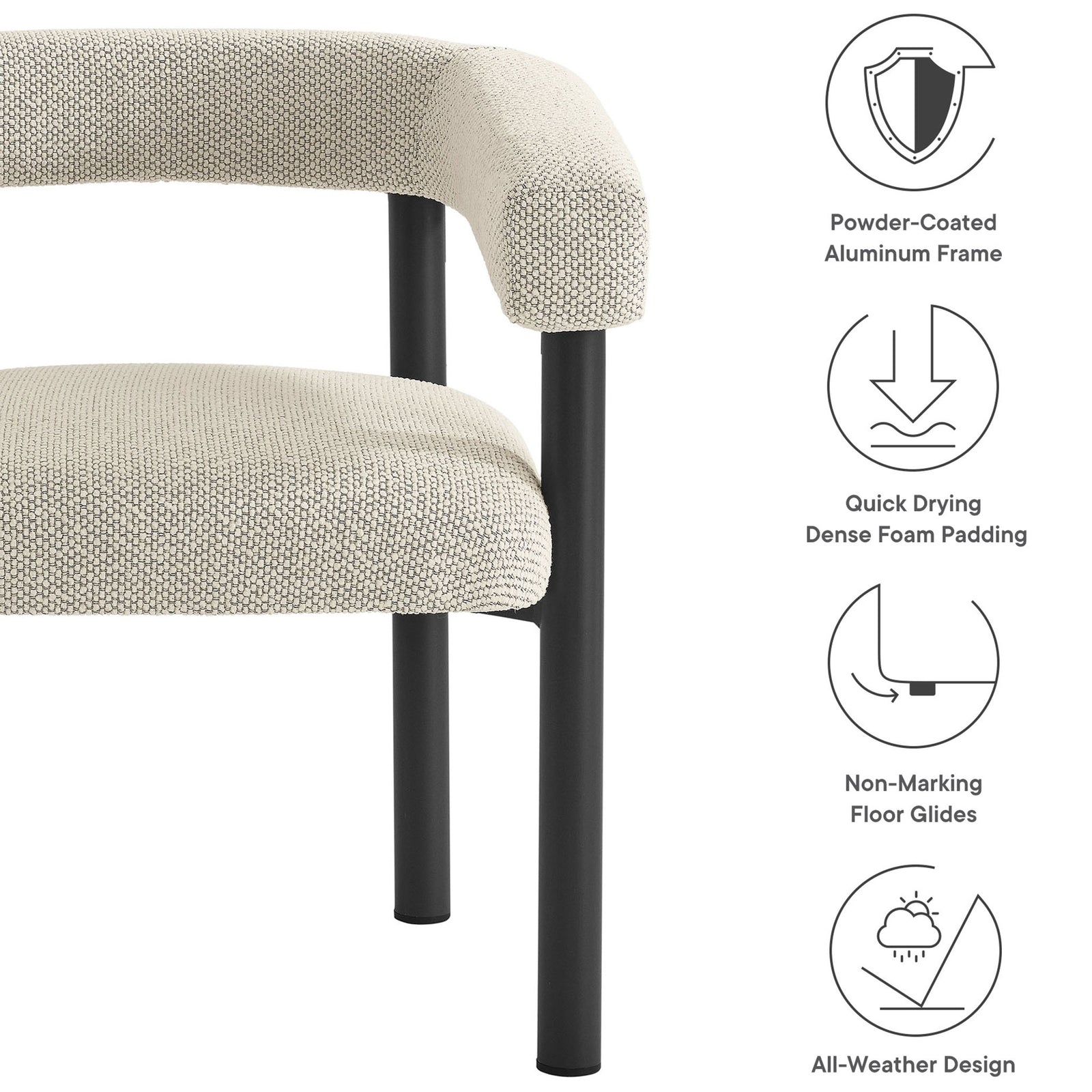 Ivory patio armchair with powder coated aluminum frame, quick drying foam padding, and non marking floor glides || EEI-6979-IVO-GPH || callout_studio