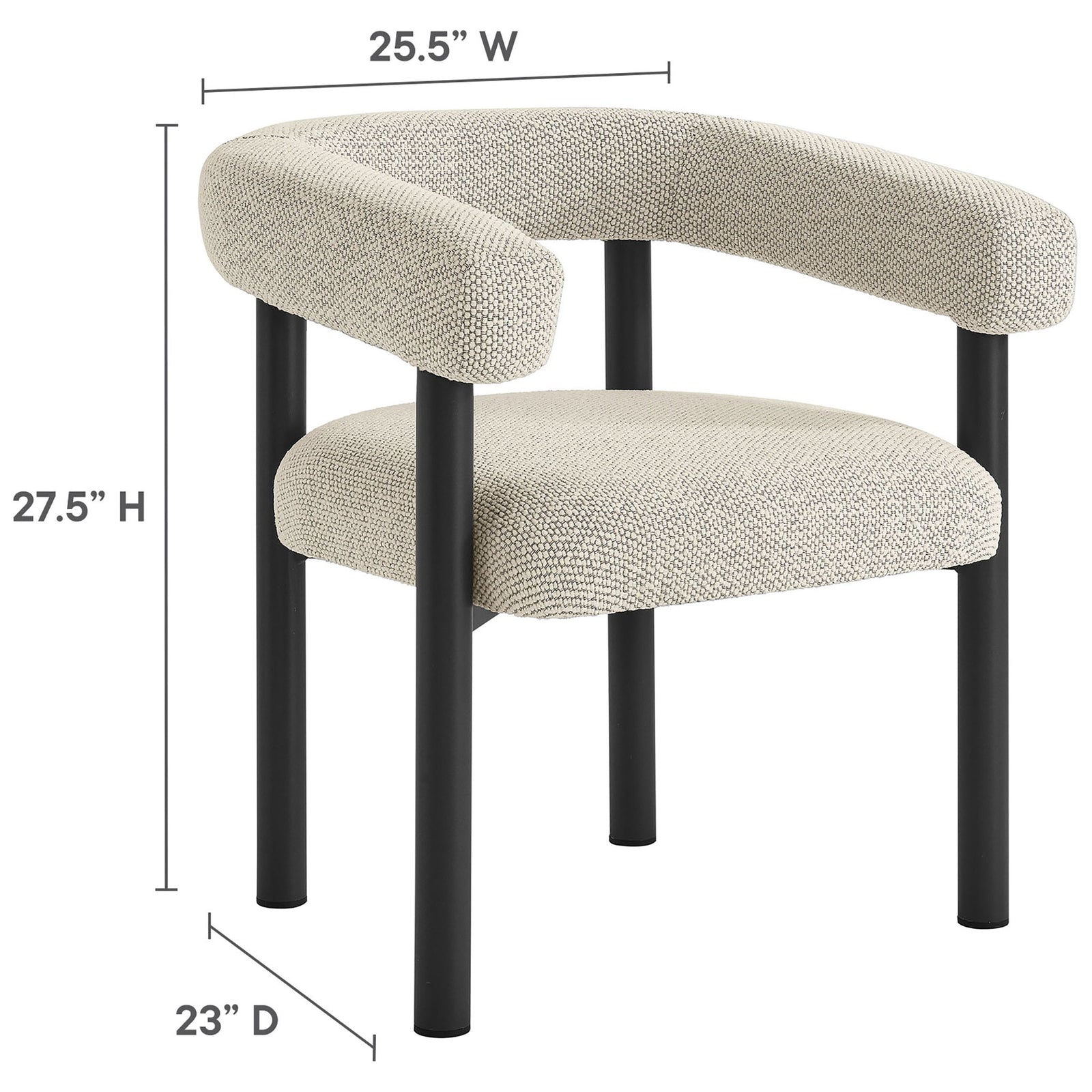 Ivory outdoor dining chair with curved backrest and seat plus clearly labeled width, depth, and height dimensions || EEI-6979-IVO-GPH || dimension_studio
