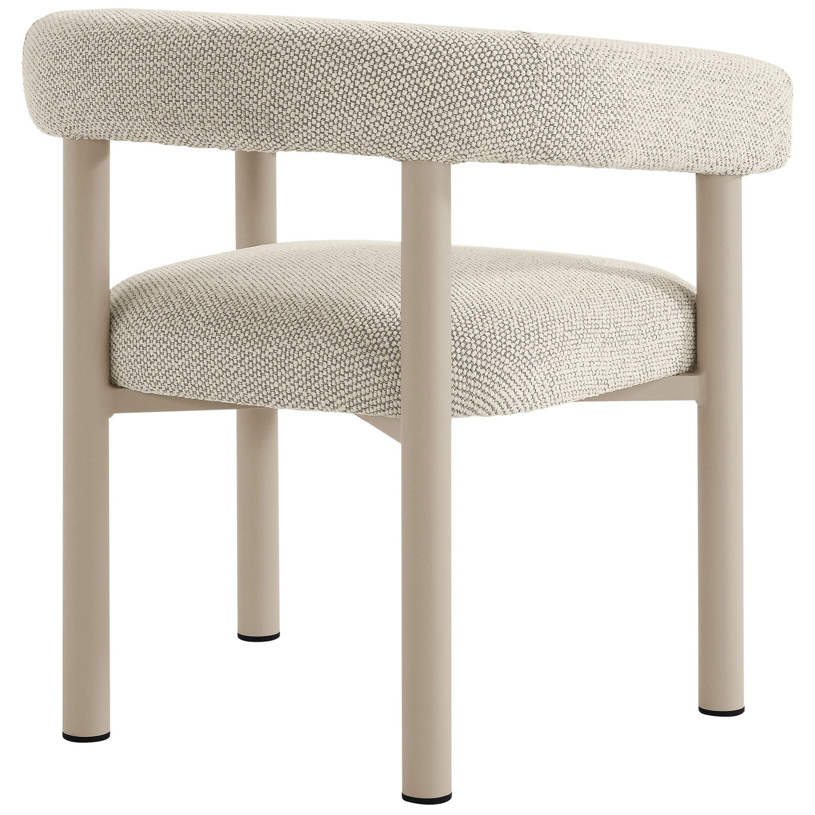 Ivory dining armchair with a rounded backrest and supportive taupe metal legs for outdoor use || EEI-6979-IVO-TAU || back_angle_studio